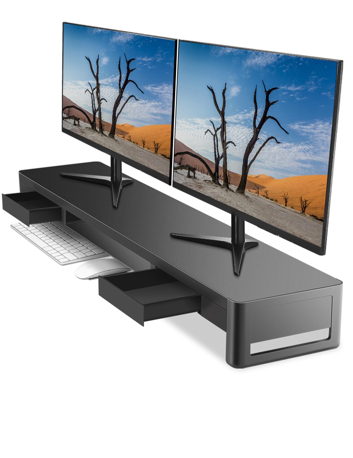 Dual Monitor Stand with 2 Storage Drawers - Metal Computer Monitor Riser with Pull-Out Drawers for Keyboard & Mouse - Desktop Organizer for PC, Laptop, TV & Printer - Perfect for Home Office & Gaming Setup