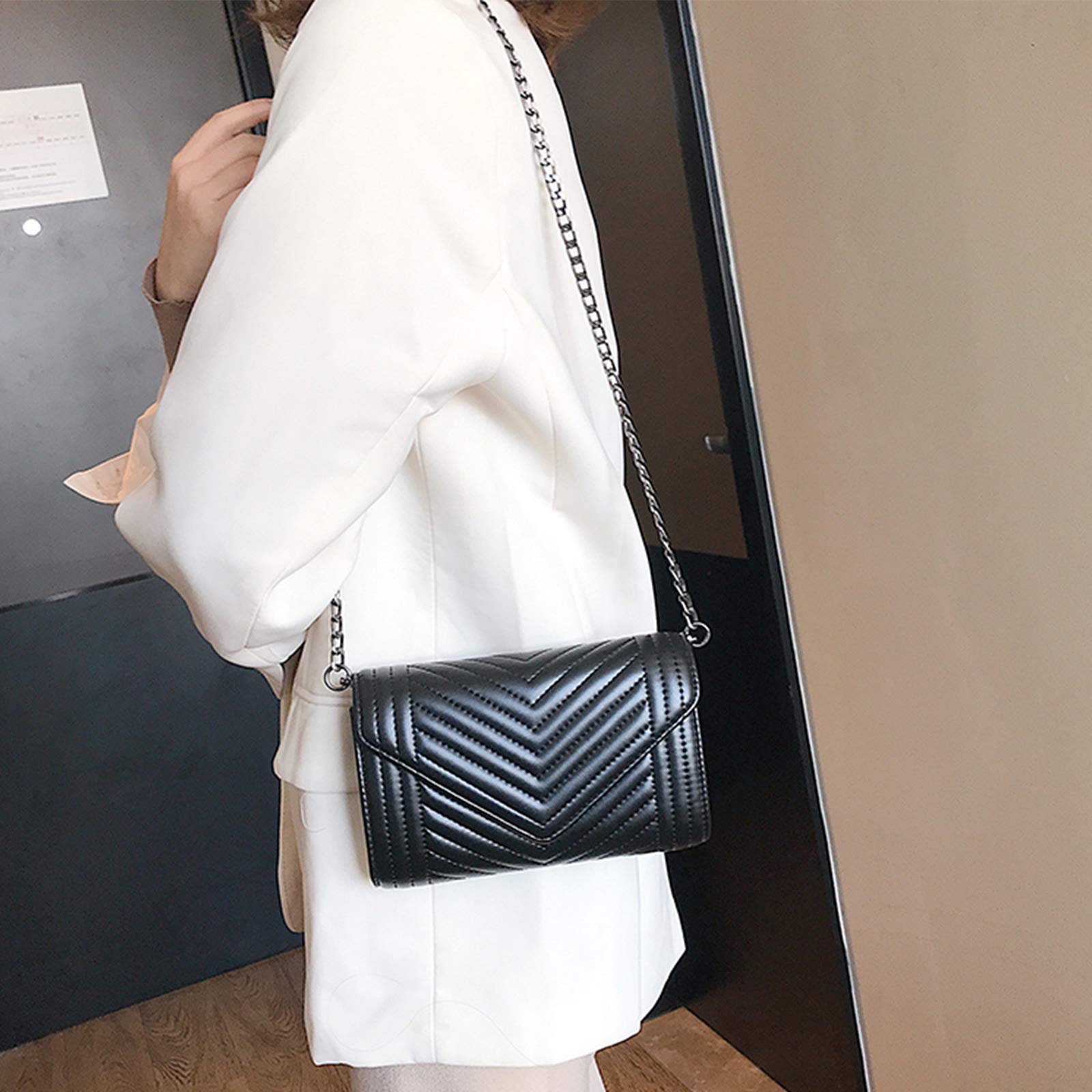 Stylish Black Leather Quilted Crossbody Bag for Women - Fashionable Chain Shoulder Purse with Phone Wallet Strap (Fits iPhone) - Perfect for Work, Travel & Everyday Use