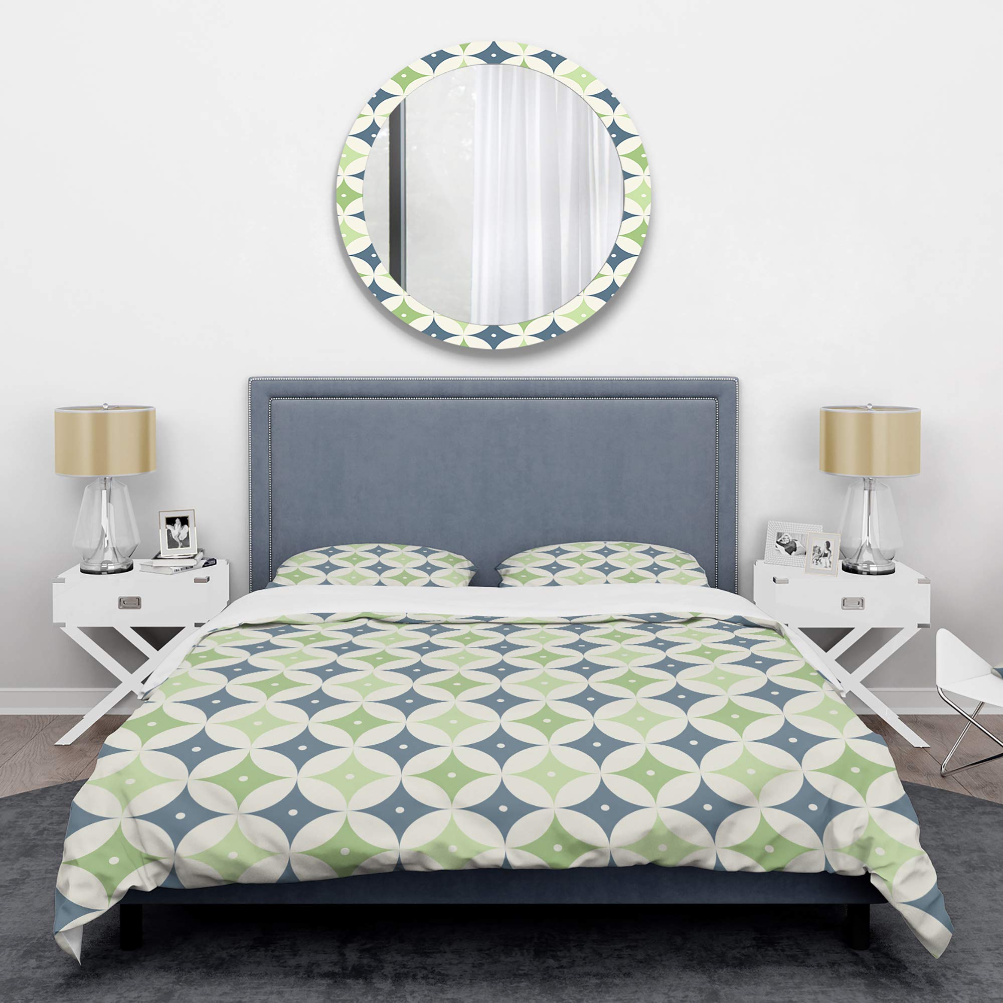 DesignQ Retro Geometric Mid-Century Modern Duvet Cover Set - King Size 3-Piece Blue Bedding | Vintage Home Decor for Master Bedroom & Guest Room