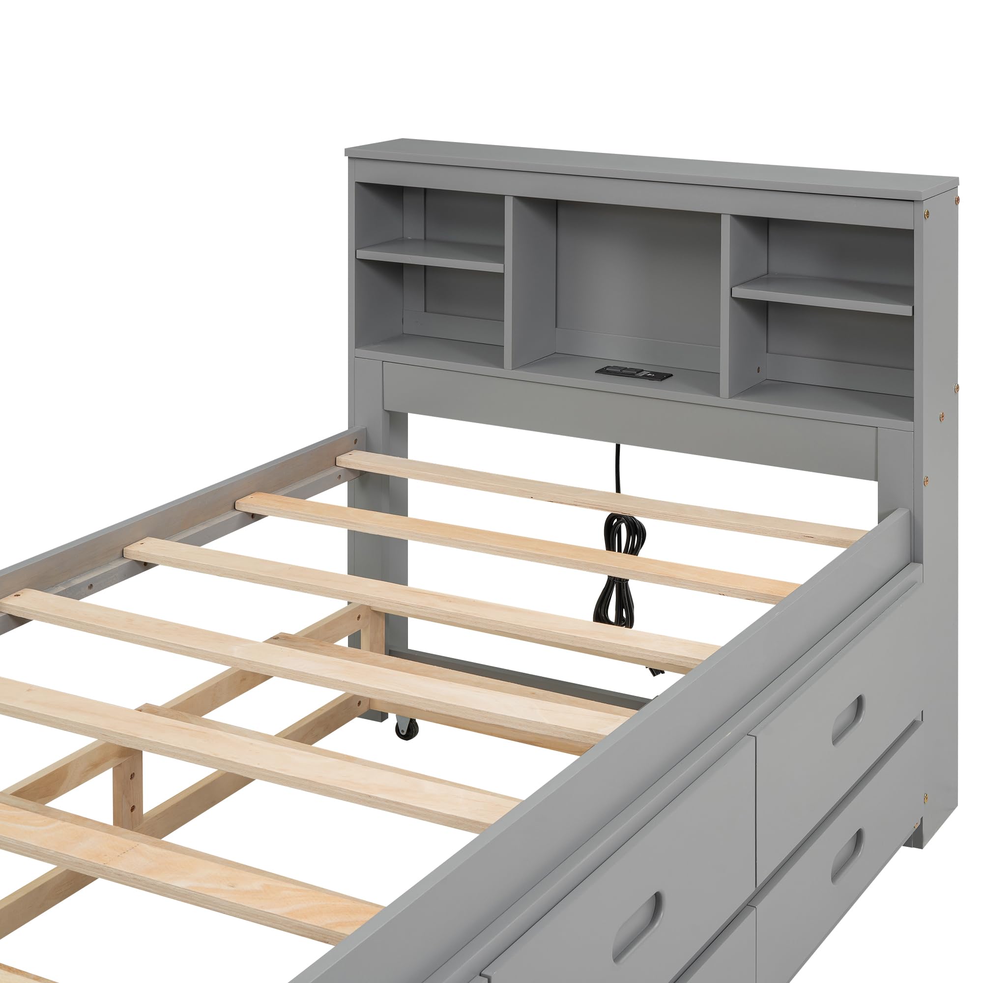 Harper & Bright Designs Twin Bed with Trundle and Storage Drawers, Wooden Twin Bed Frame with Bookcase Headboard & USB Ports - Space-Saving Solution for Kids, Teens & Adults (Gray) | Perfect for Small Bedrooms, Guest Rooms & Dormitories