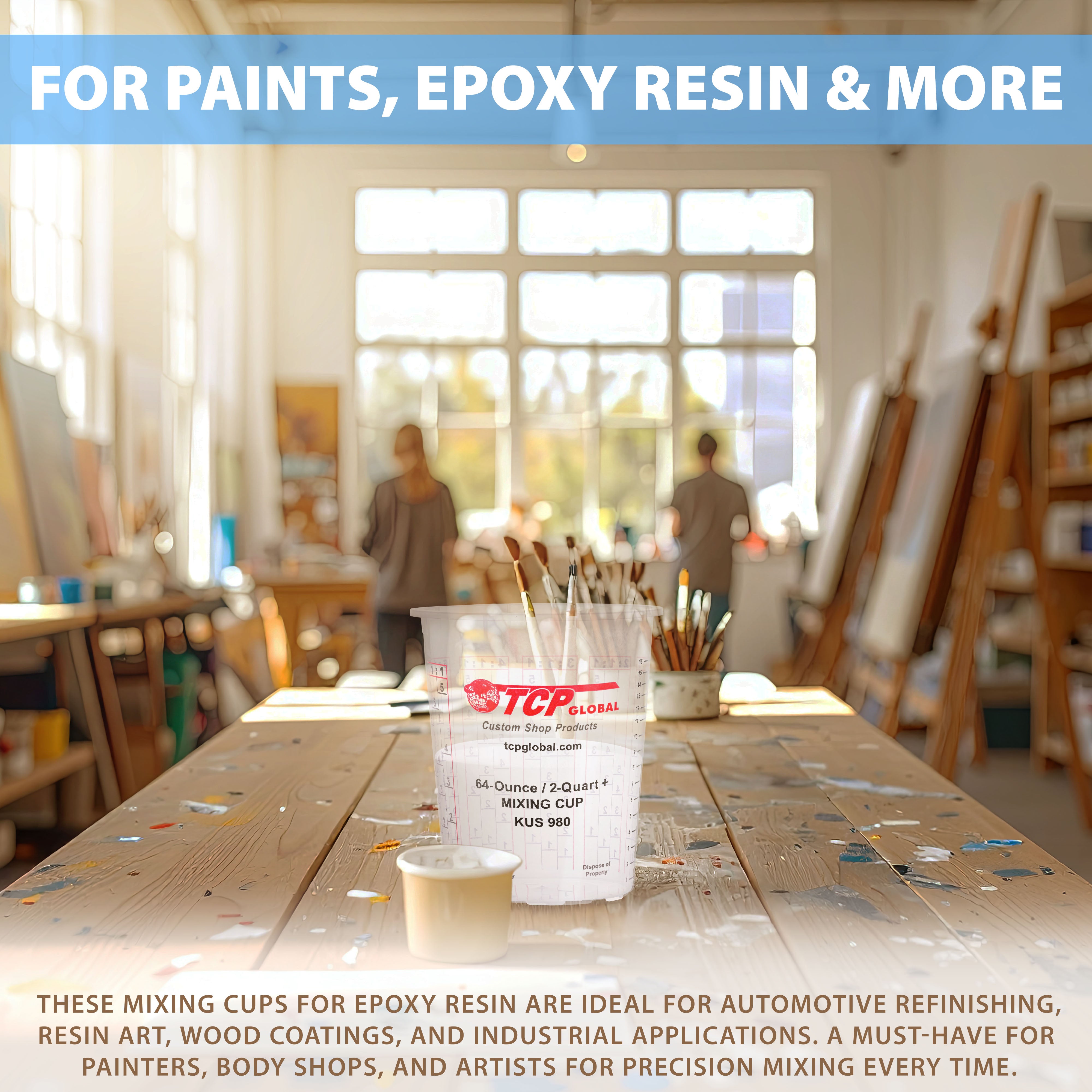64oz Paint Mixing Cups (12 Pack) - Disposable & Reusable Plastic Measuring Cups for Automotive Painting, Epoxy Resin, Acrylic Arts & Crafts - Graduated with Mixing Ratios - Perfect for DIY Projects, Home Renovation & Professional Use