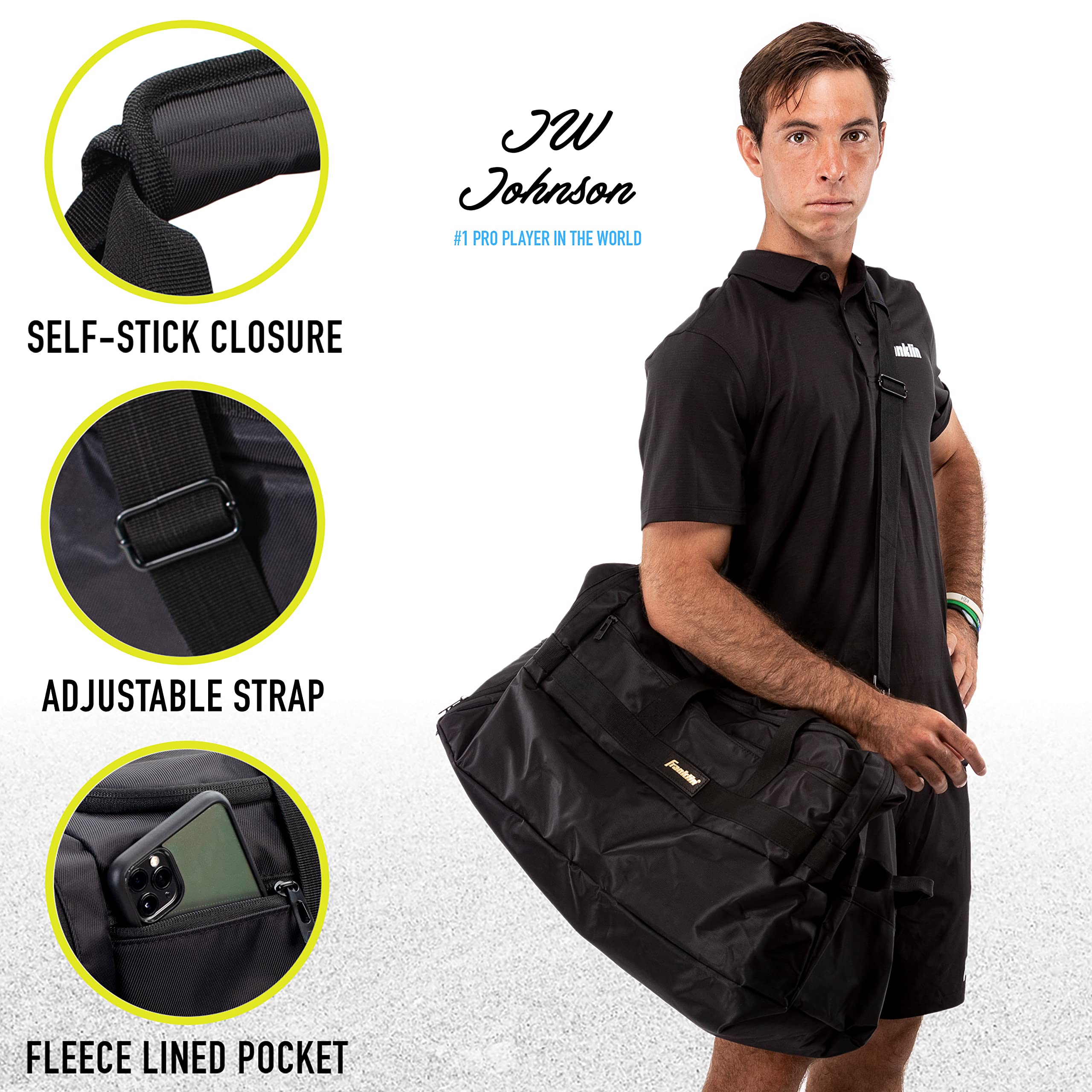 Franklin Sports Elite Series Pickleball Duffle Bag - Large Capacity Tennis Bag for Paddles, Balls & Gear - Water-Resistant Travel Duffel for Men & Women (Black) - Perfect for Court, Gym & Outdoor Sports