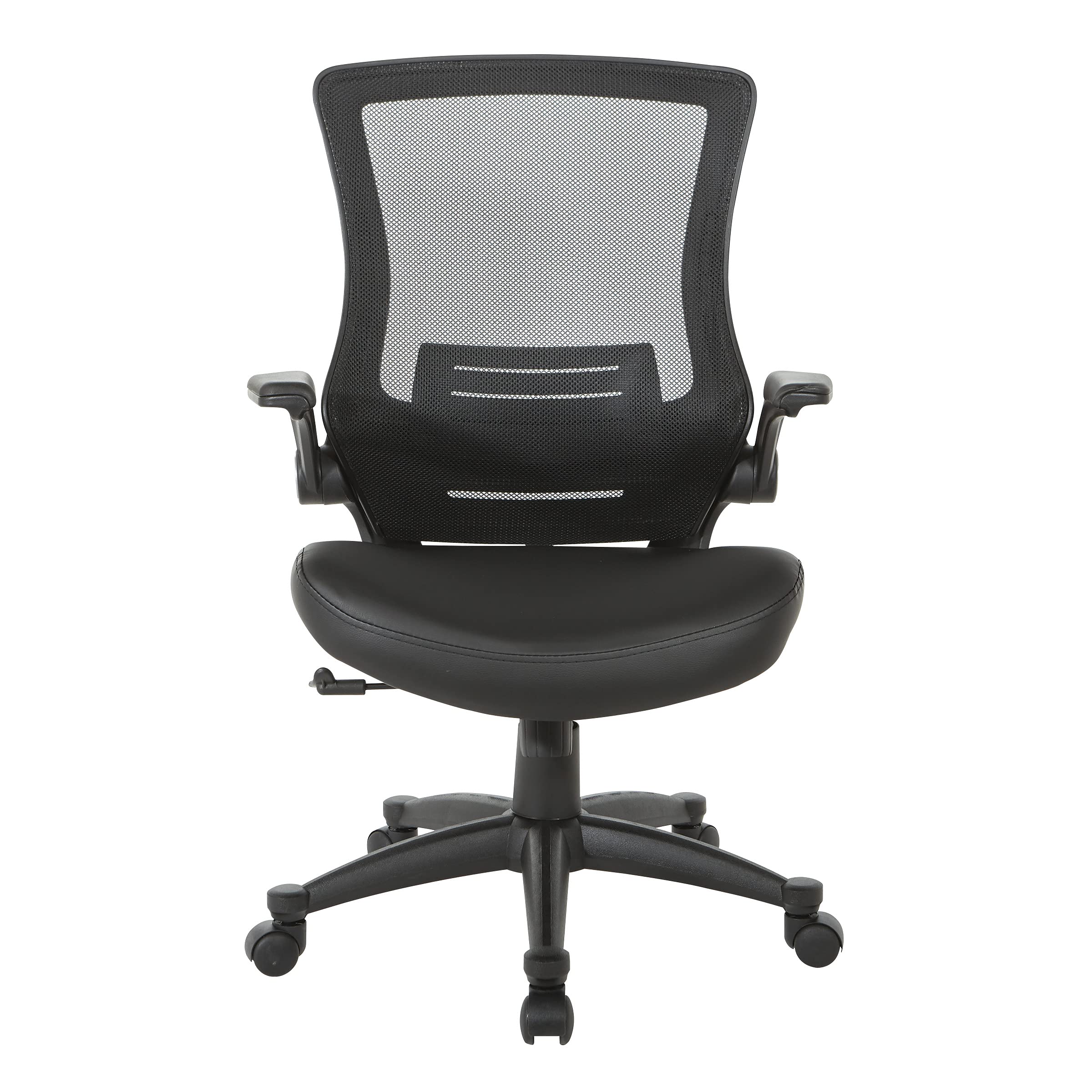 Office Star Ventilated Black Mesh Back Fully Adjustable Ergonomic Office Chair with Padded Flip-Up Arms and Swivel Nylon Base - Black Faux Leather Executive Chair for Home Office & Workspace