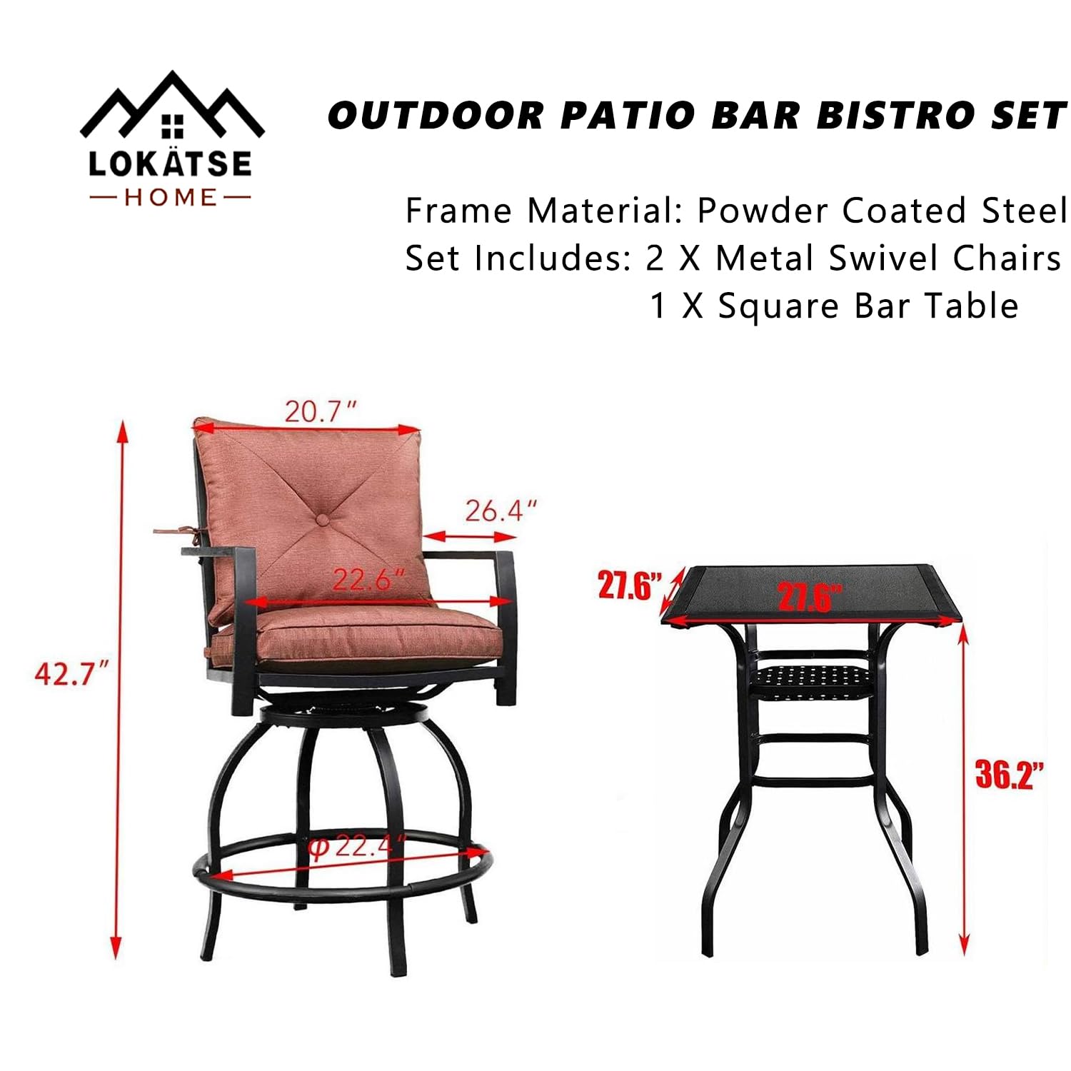 LOKATSE HOME 3-Piece Outdoor Swivel Chair Set - Patio Bar Stools with Cushions & Coffee Table - Metal Height-Adjustable Bistro Furniture (Red) - Perfect for Backyard, Garden, Poolside & Balcony Relaxation