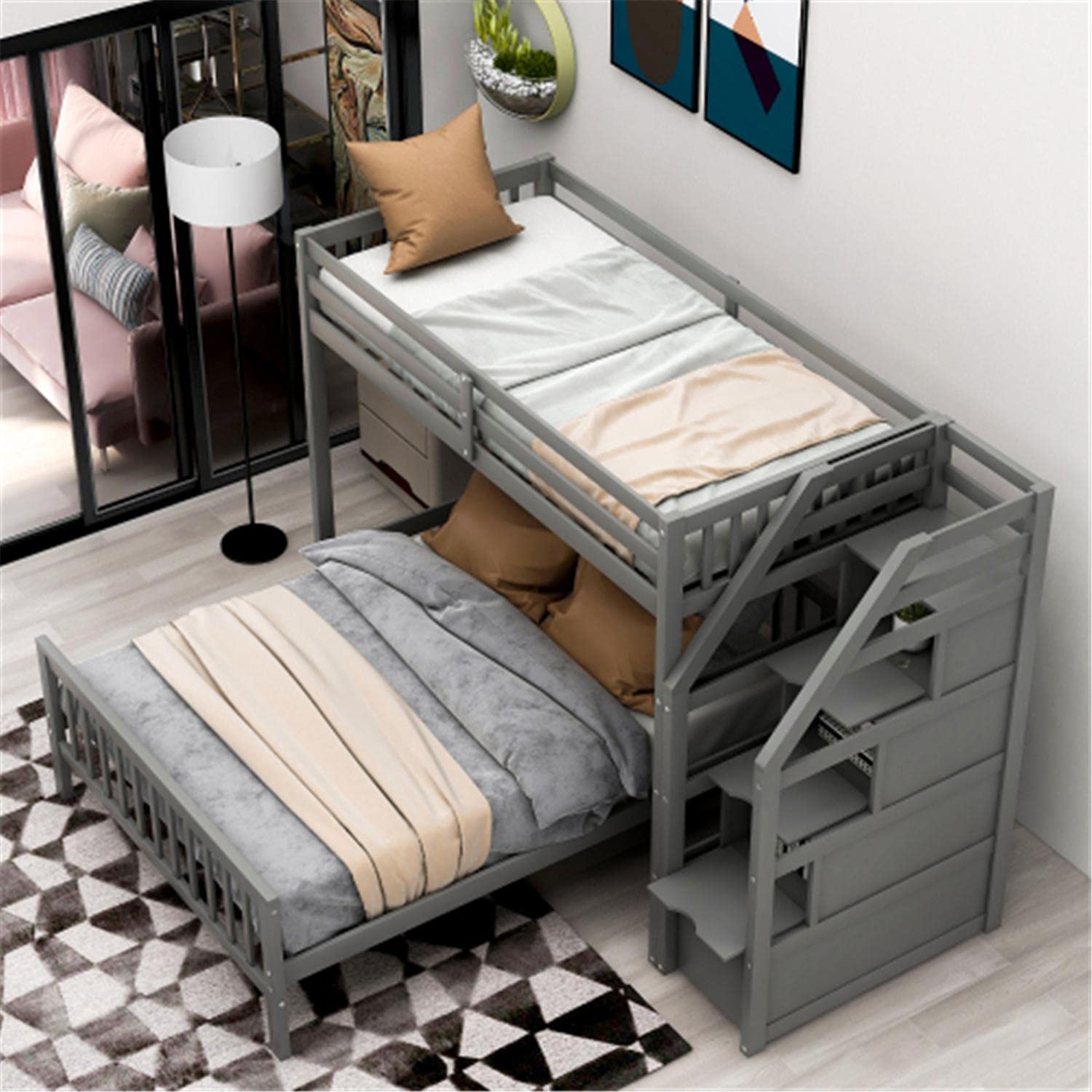 Twin Over Full Loft Bed Frame with Storage - Sturdy Wooden Bunk Bed with Full-Length Guardrail & Ladder - Space Saving Design for Small Rooms - Perfect for Kids, Teens & College Dorms - Gray