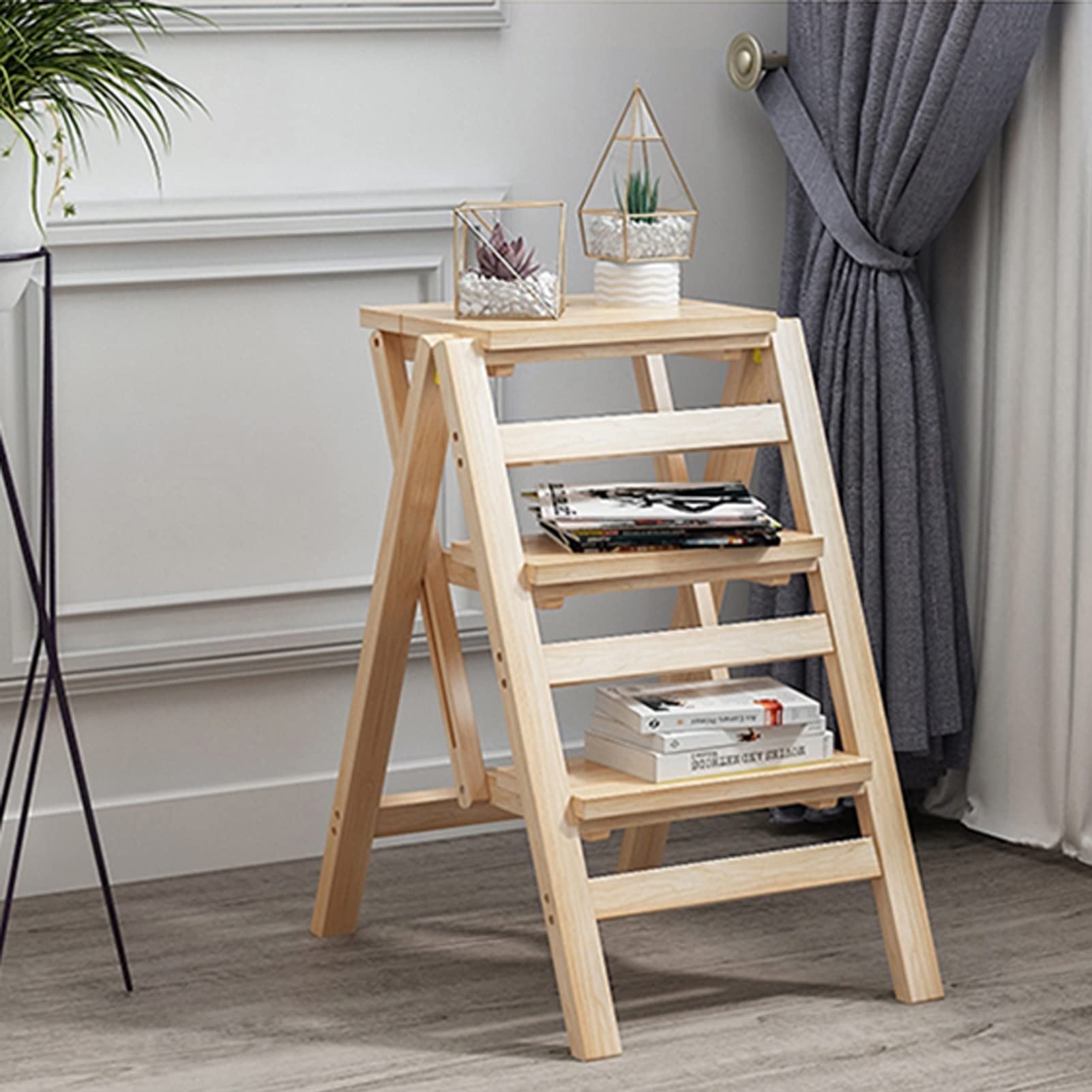 FADUNI 3-Step Foldable Wooden Step Stool - Portable Ladder Stool for Home, Kitchen, Library - Multifunctional Folding Chair & Shelf - Perfect for Reaching High Shelves, Organizing, and Household Use