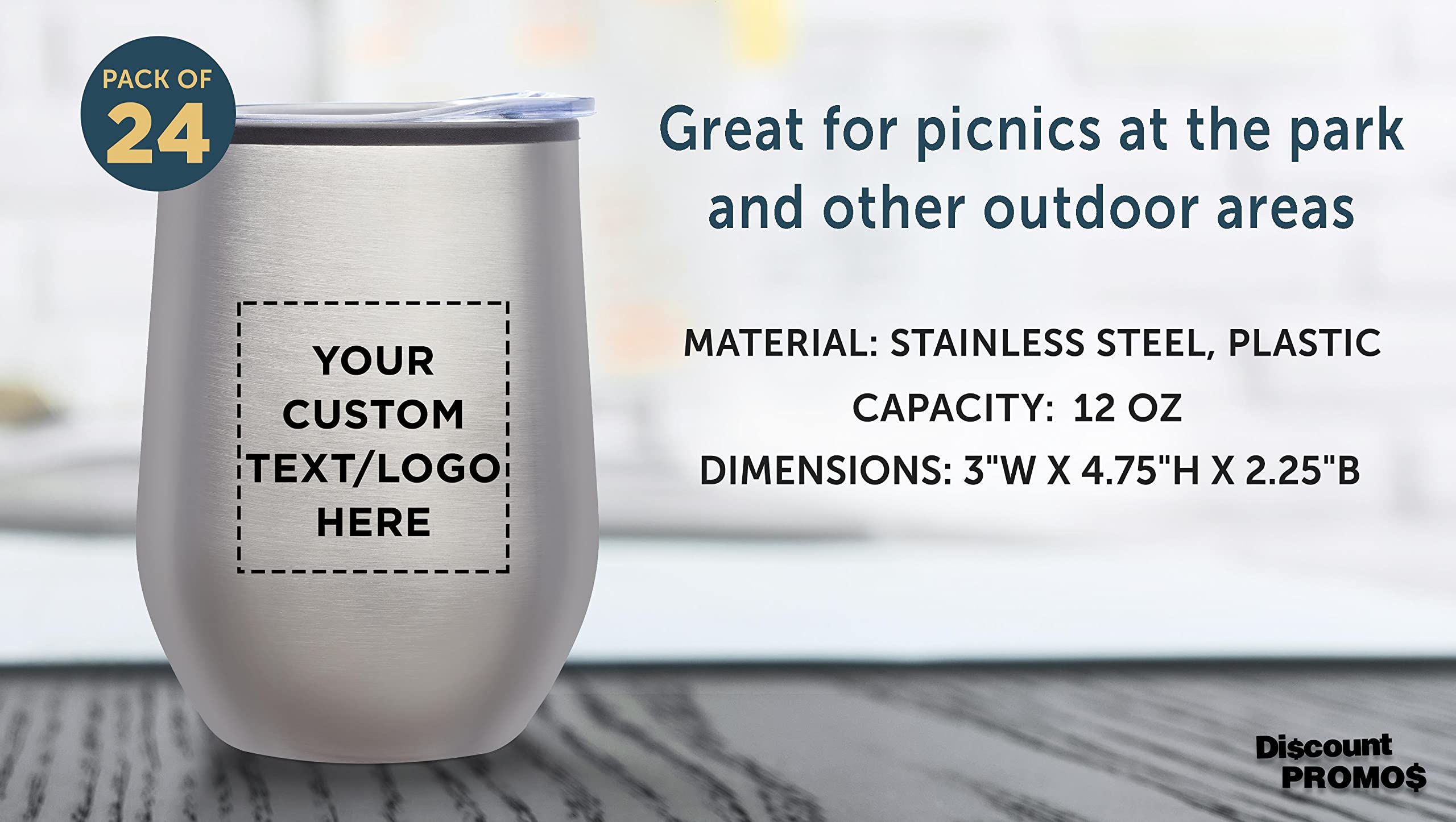 24-Pack Custom Stemless Wine Tumblers 12oz - Insulated Silver Personalized Bulk Wine Glasses for Parties, Weddings & Events - Perfect for Wine, Cocktails, Coffee & Cold Drinks