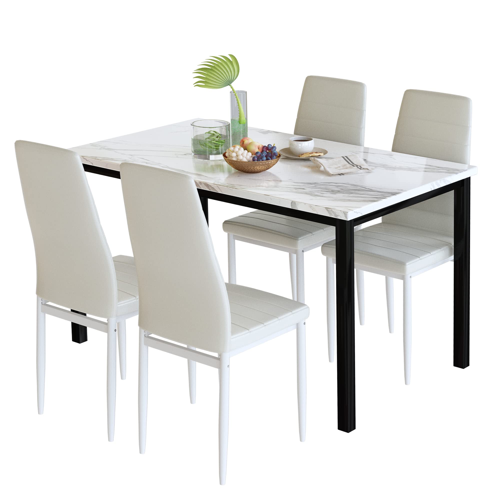 AWQM 5-Piece Dining Table Set for 4 - White Faux Marble Table with 4 PU Leather Chairs - Perfect for Small Spaces, Kitchen, Breakfast Nook & Dining Room - Compact Modern Kitchen Table Set for Apartments & Cozy Homes