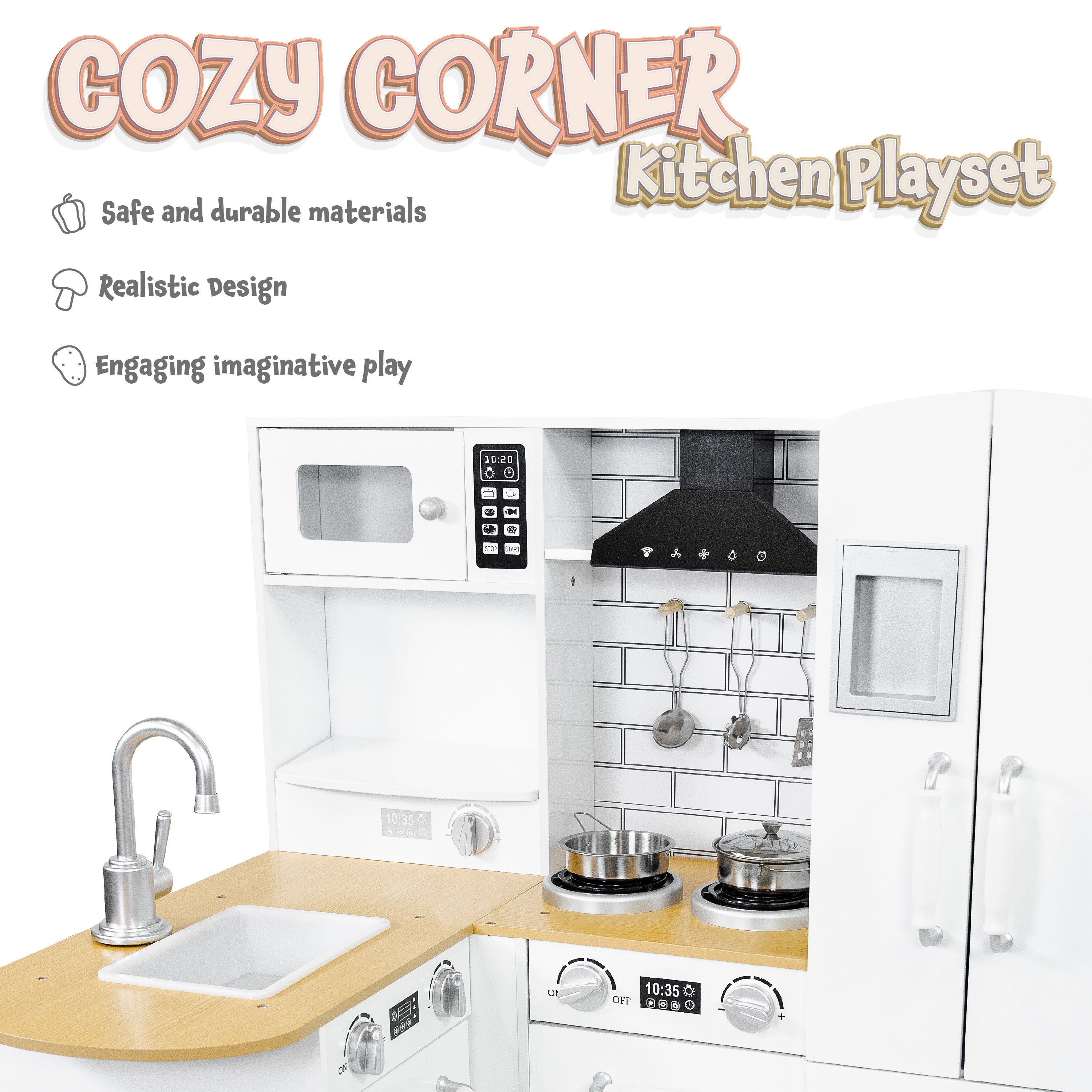 Sunnydaze Cozy Corner Wooden Play Kitchen Set with Accessories - Pretend Play Toy for Kids, Perfect for Indoor & Outdoor Imaginative Play