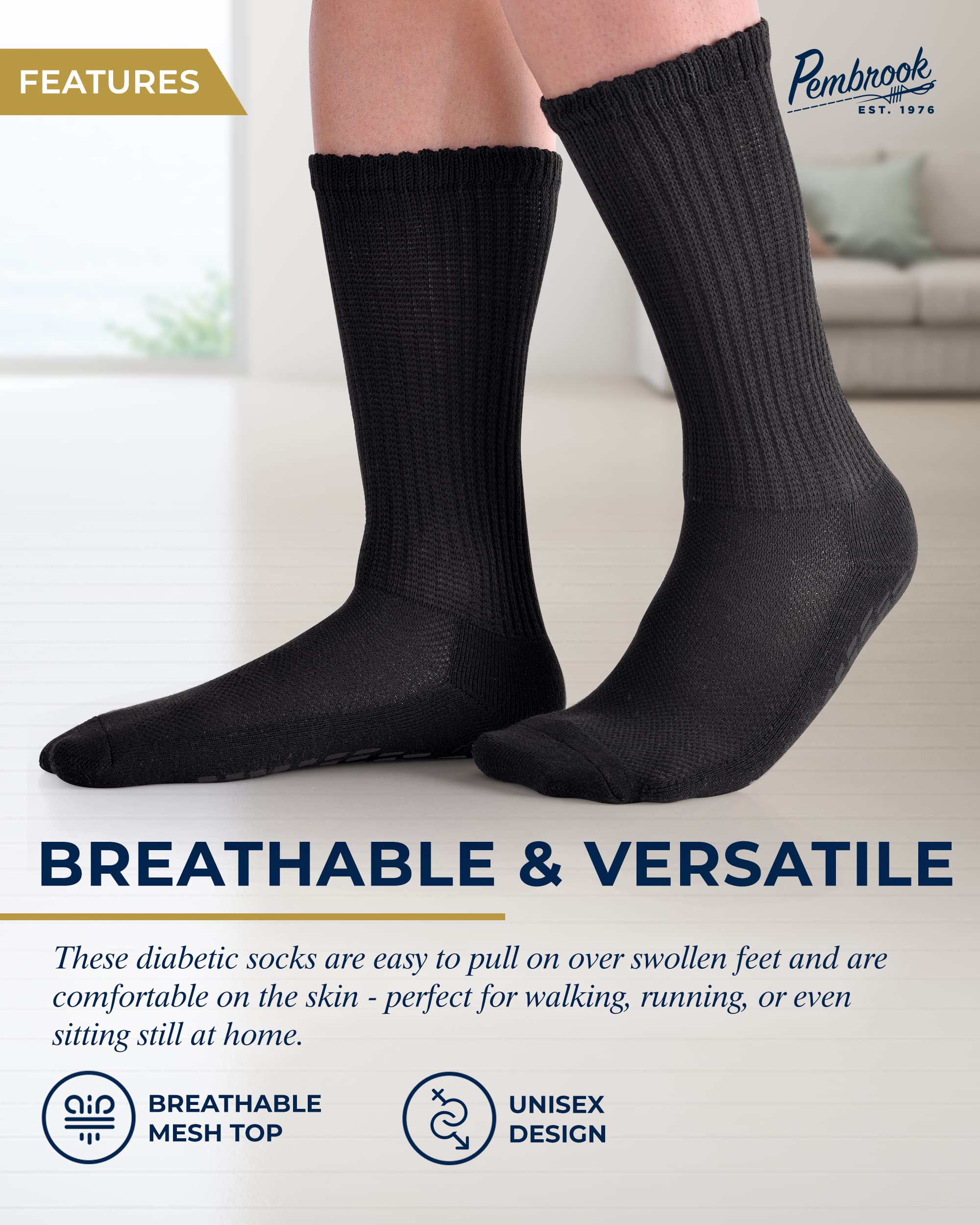 Pembrook 6 Pairs Diabetic Socks with Non-Slip Grips for Men & Women - Breathable Neuropathy & Edema Relief Socks in 12 Colors | Perfect for Daily Wear, Work & Travel