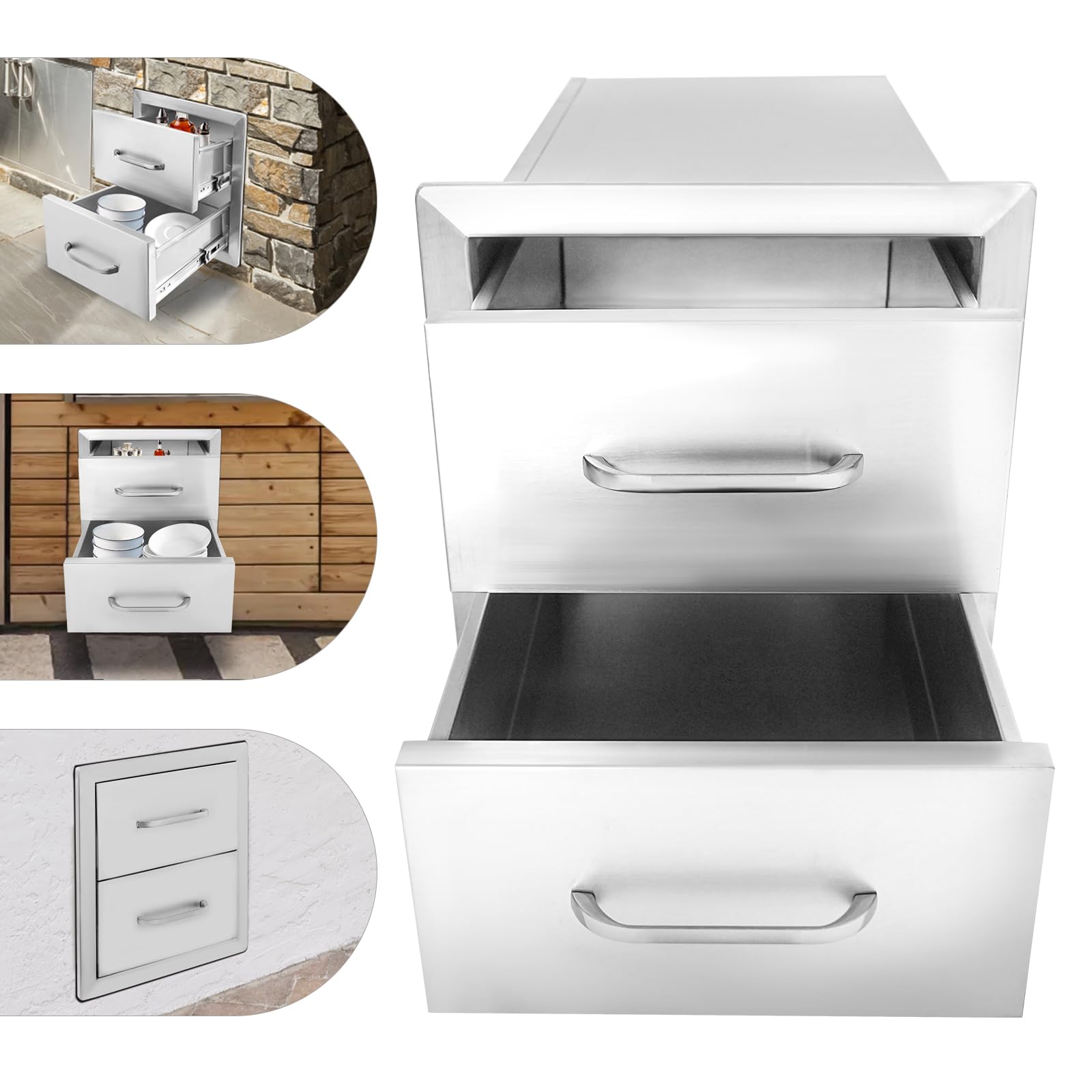 Stainless Steel Outdoor Kitchen Drawer - 2 Pull-Out Cabinets for BBQ Island (14x14.3x23 Inch) - Perfect for Patio & Backyard Cooking