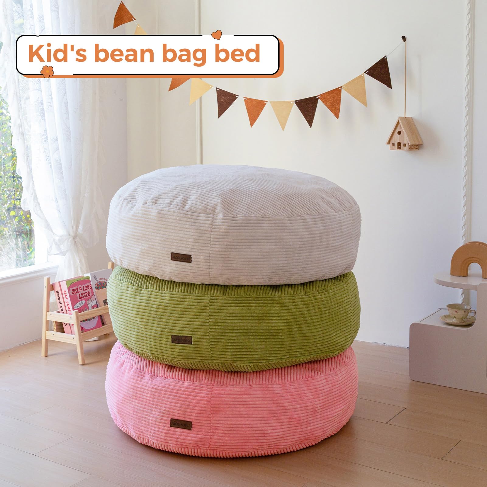 MAXYOYO 3-in-1 Kids Convertible Bean Bag Chair & Bed - Corduroy Round Floor Sofa for Children | Pink Gaming & Reading Chair | Perfect for Playrooms, Bedrooms & Dorm Rooms