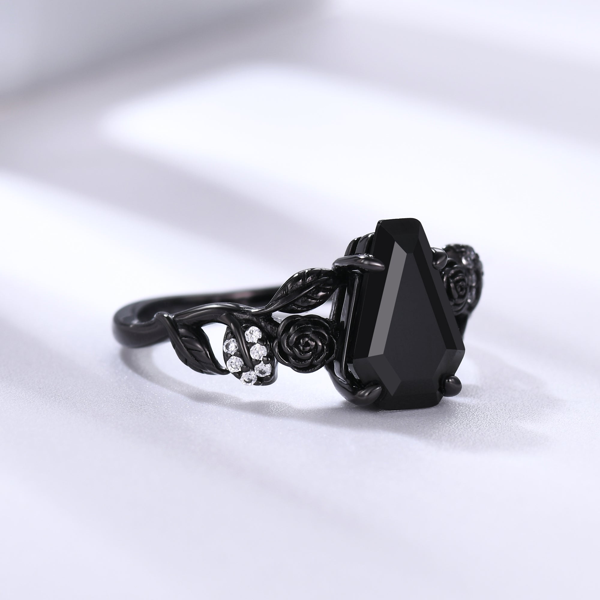 Black Onyx Coffin Gothic Engagement Ring - Unique Black Gold Flower Design for Women | Nature Inspired Alternative Wedding Band, Gothic Jewelry for Dark Romance & Vampire Themed Weddings