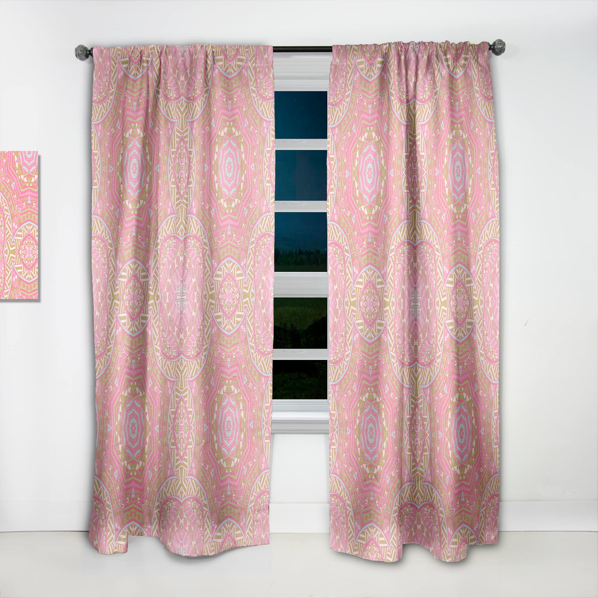 Pink and Green Star Mandala Thermal Insulated Curtains - Single Panel 52x120 Inches - Bedroom & Living Room Blackout Drapes for Home Decor, Meditation Space & Boho Style Rooms