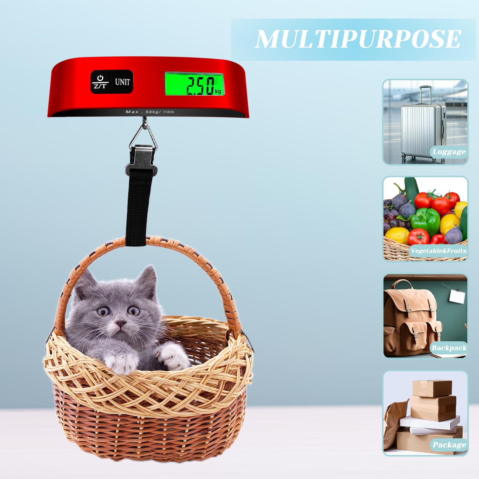 110lb Digital Luggage Scale with LED Display & 4 Unit Switching - Portable Travel Scale for Suitcases, Backpacks, Packages & Market Items (Red) - Perfect for Air Travel, Shipping & Home Use