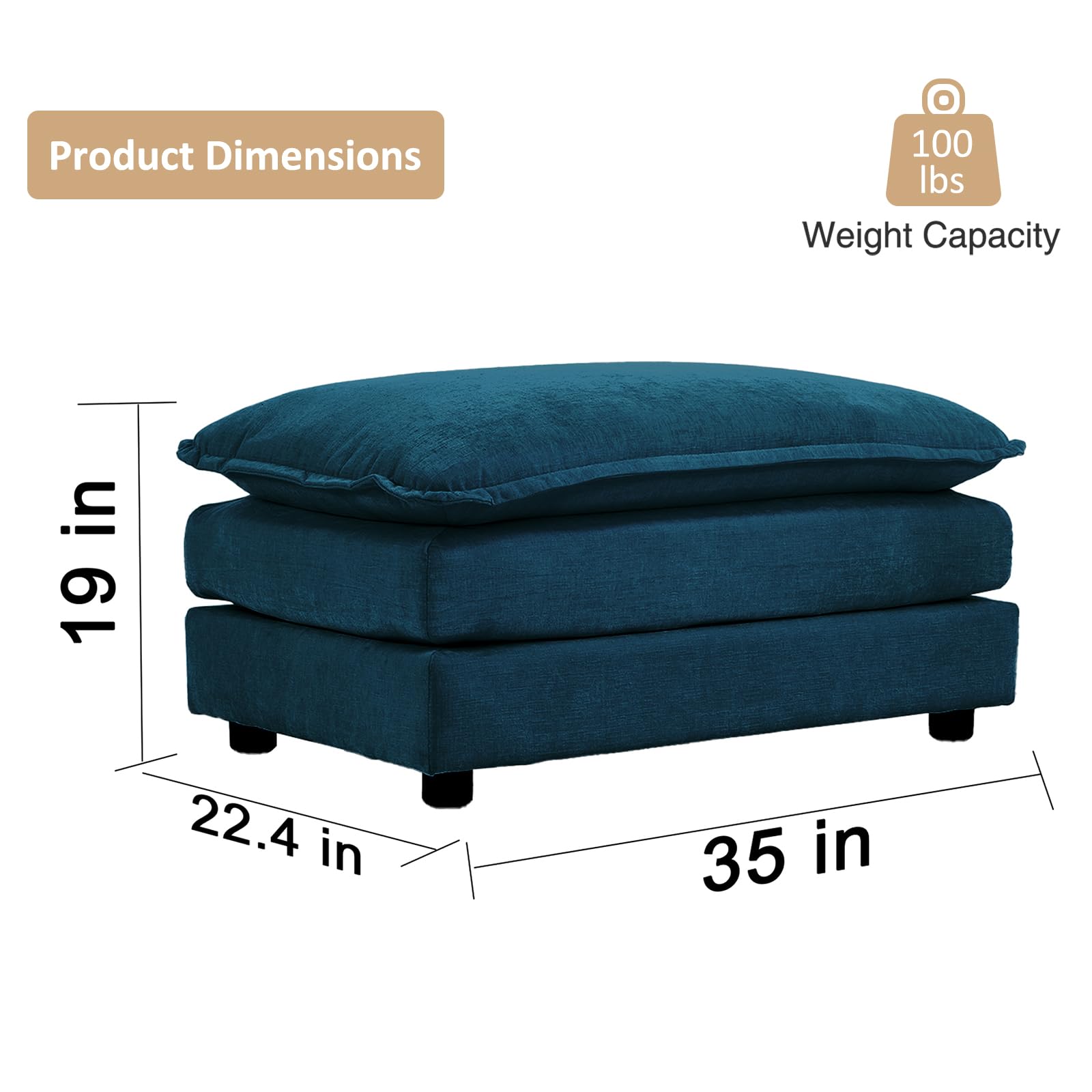 KIVENJAJA Blue Chenille Upholstered Ottoman Footrest - Soft Storage Pouf for Loveseat, Modular Sectional Couch - Perfect for Living Room, Bedroom & Home Theater Relaxation