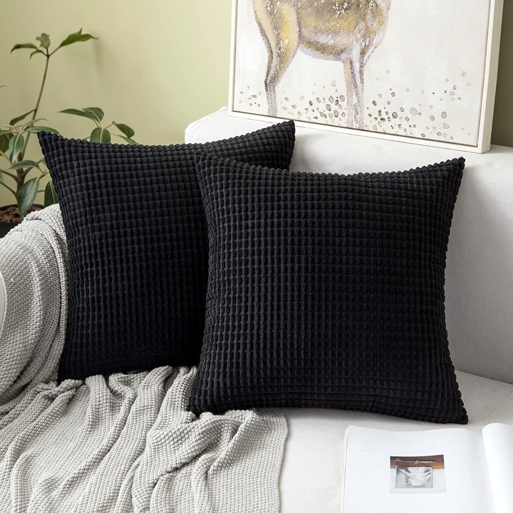 MIULEE 2 Pack 14x14 Inch Black Corduroy Pillow Covers - Ultra Soft Decorative Throw Pillow Cases for Couch, Sofa, Bedroom & Living Room - Perfect for Home Decor, Accent Cushions and Cozy Comfort