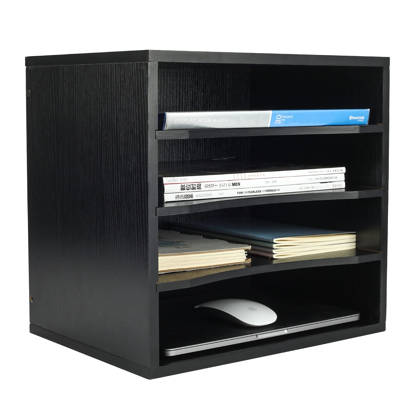 PAG Wooden Mail Sorter Organizer - 4 Compartment Desktop File Holder for Bills, Papers & Documents - Office, Home & School Supplies - Perfect for Mail Organization, Bill Paying & Paper Management (Black)