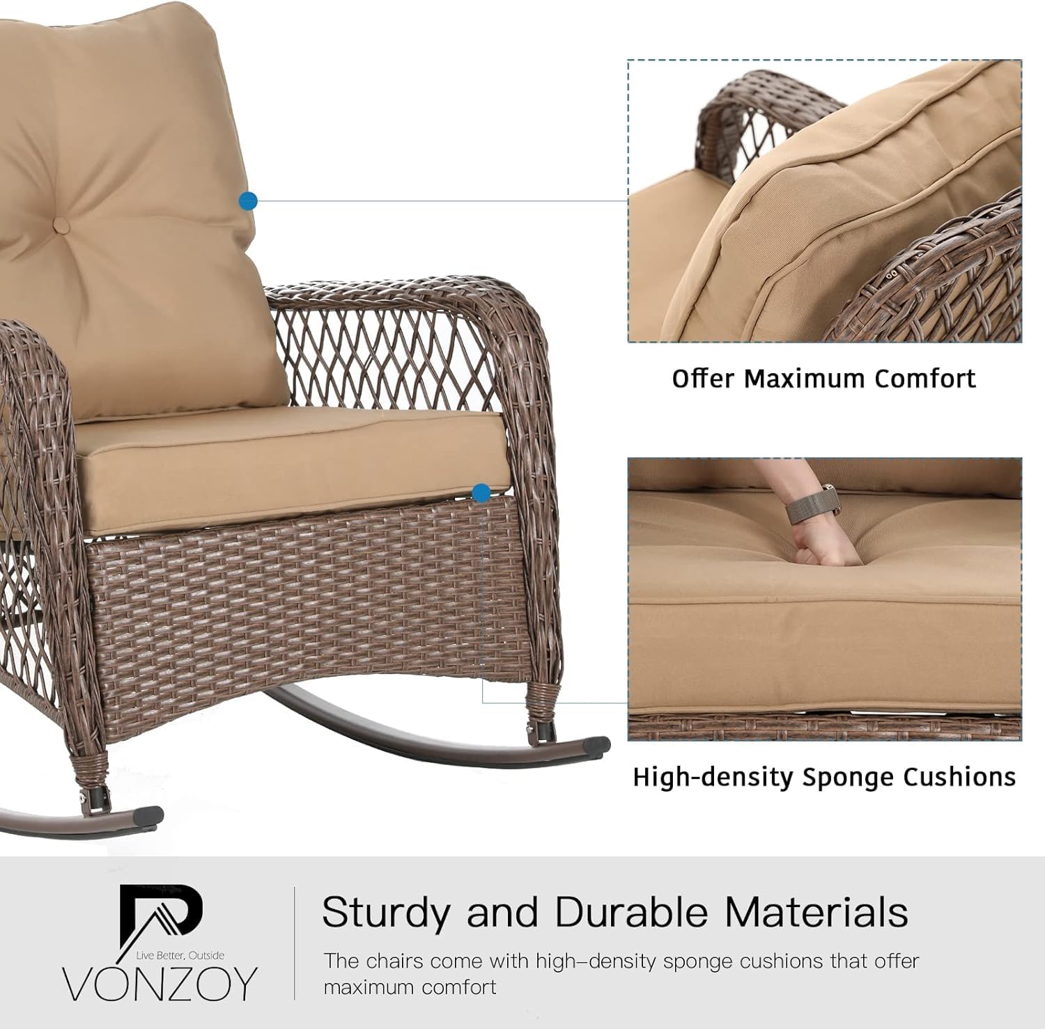 Outdoor Wicker Rocking Chair with Thick Cushions - Patio Furniture Set for Porch, Backyard & Garden - Comfortable Khaki Rocker (1 Pack) - Perfect for Relaxing, Reading & Enjoying Nature