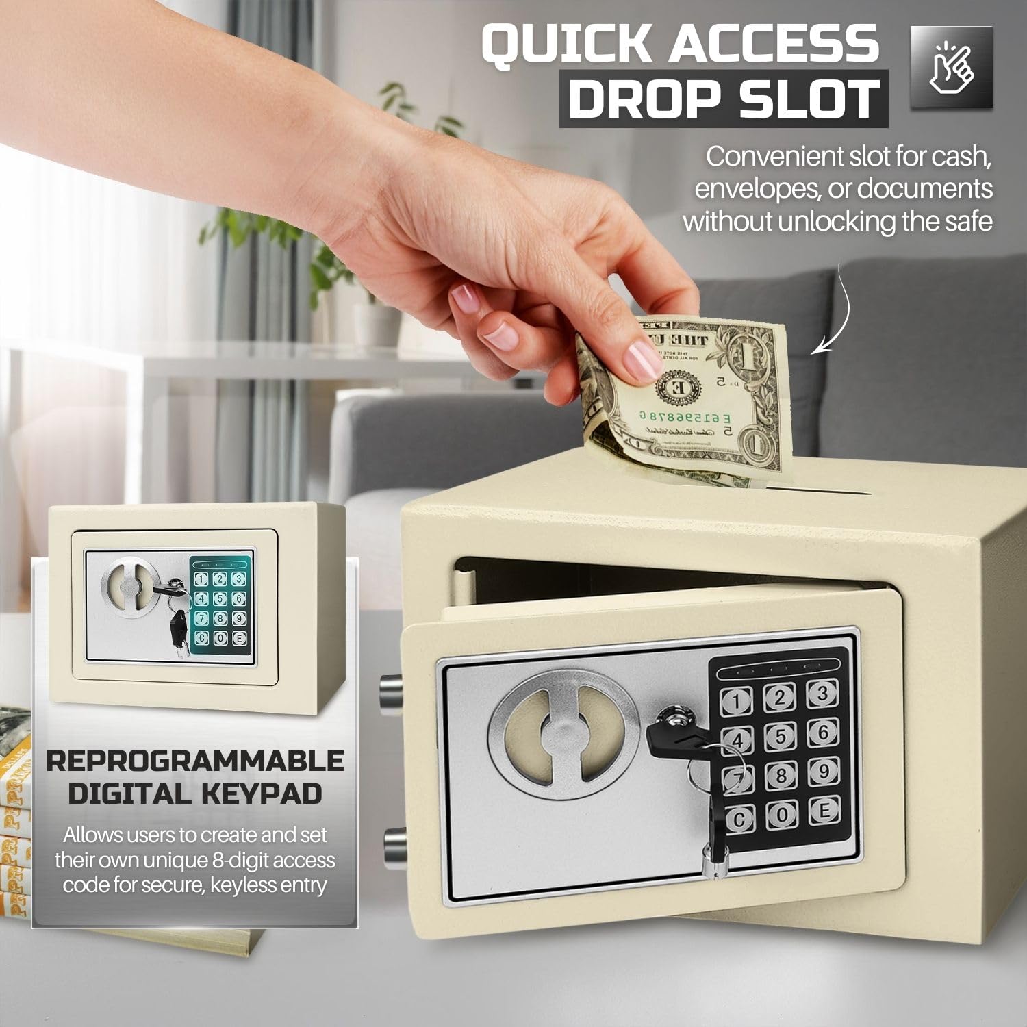 Flexzion Small Electronic Safe Box with Digital Keypad Lock - Secure Money Drop Safe for Home, Office & Cabinet Use - 12
