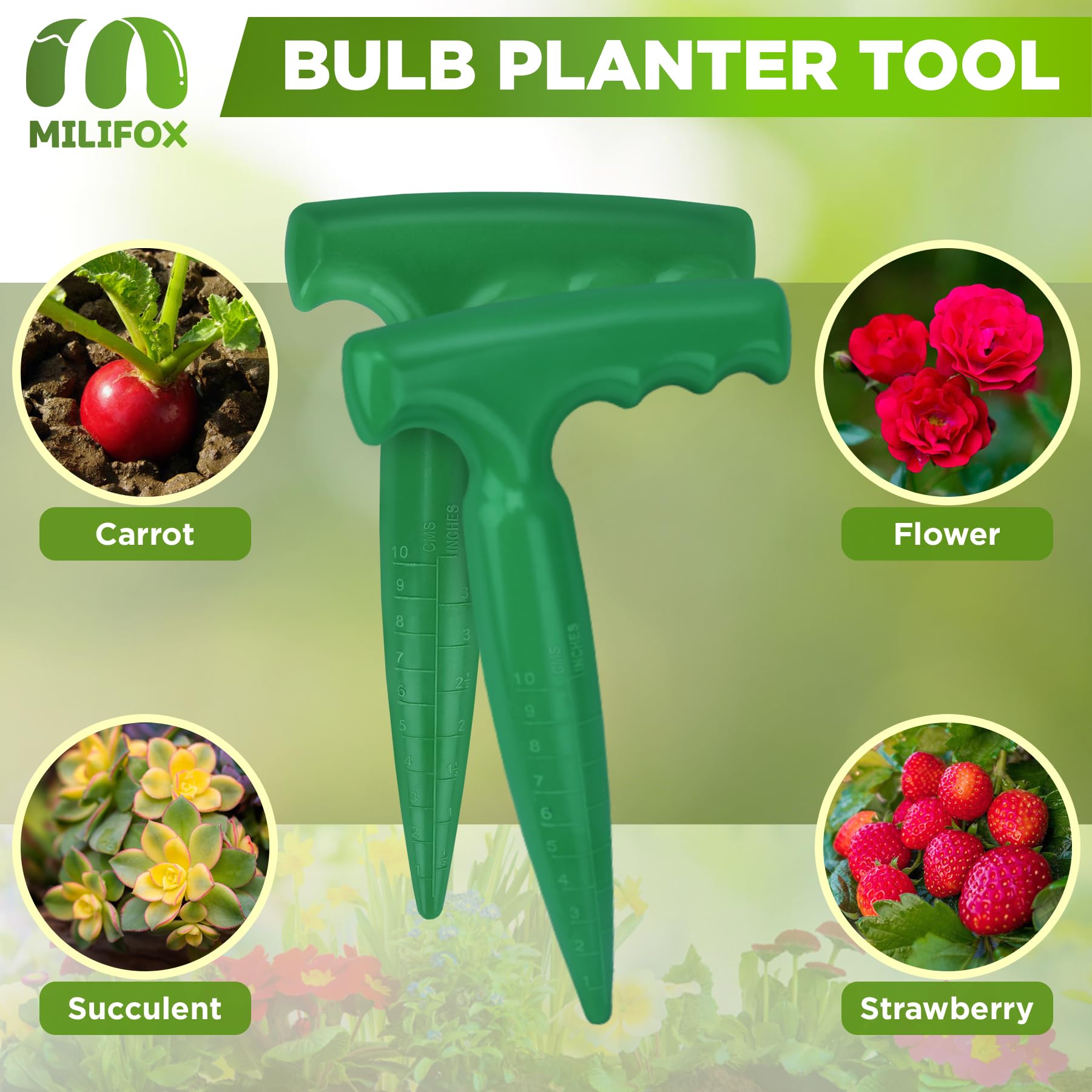 2 Pack Green Plastic Bulb Planting Tools - 6.9 Inch Seed Dibber with Measurement Marks & Comfortable Handle - Perfect for Planting Bulbs, Sowing Seeds & Gardening - Ideal for Home Garden, Flower Beds & Vegetable Patches
