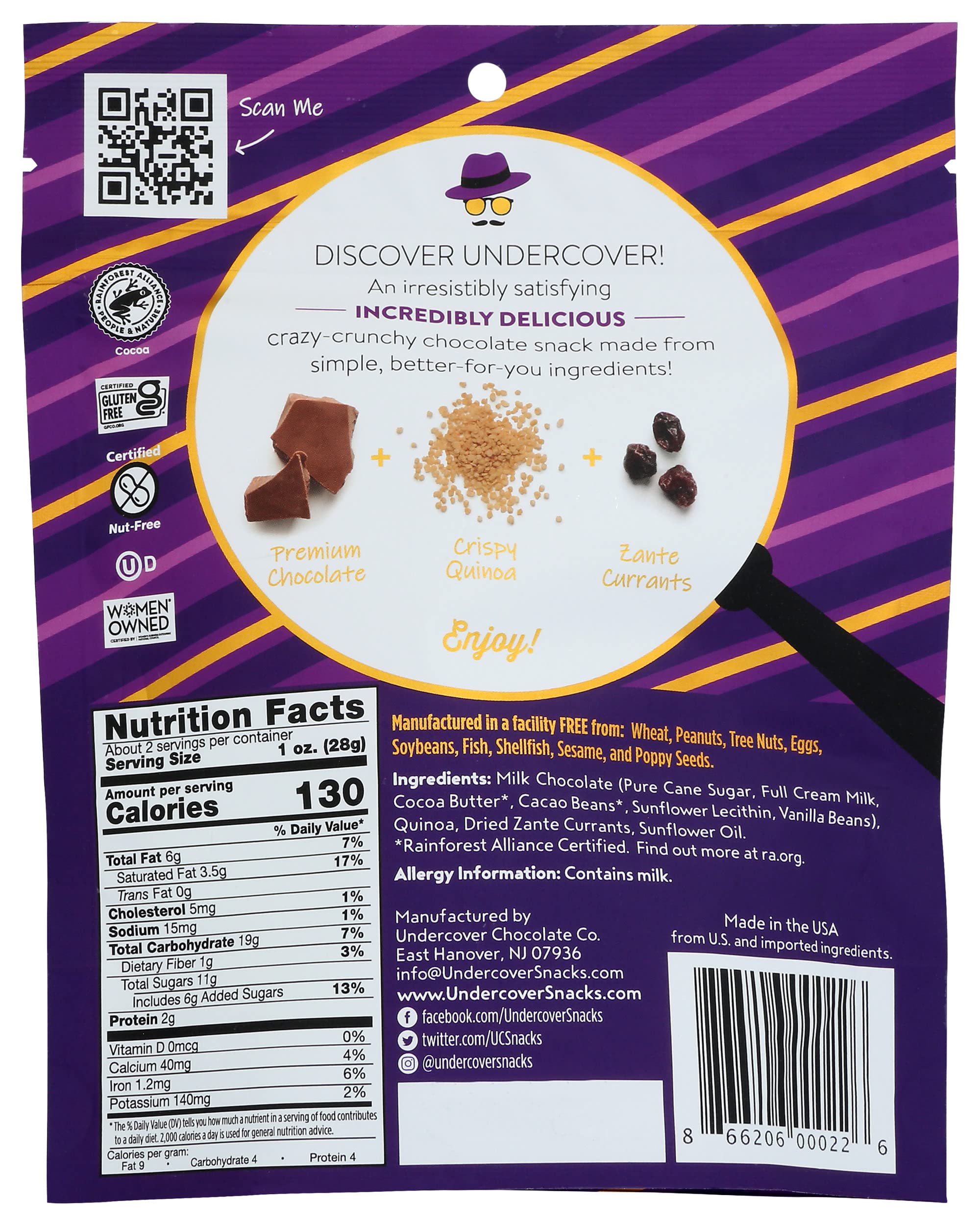 Undercover Chocolate Quinoa Crisps - Milk Chocolate with Currants | 8-Pack (2oz Bags) | Gluten Free, Nut-Free, Allergen Friendly, Kosher Certified Snacks | Perfect for School Lunches, Office Snacks & Healthy On-the-Go Treats