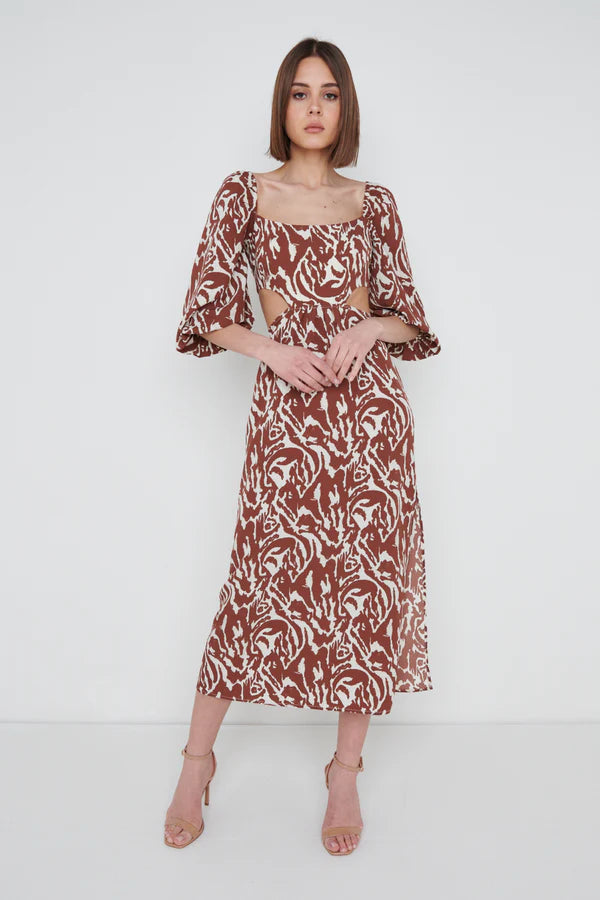 FION Women's Cut Out Midi Dress - Zebra Abstract Print, Elegant Bodycon Style for Party, Date Night & Special Occasions