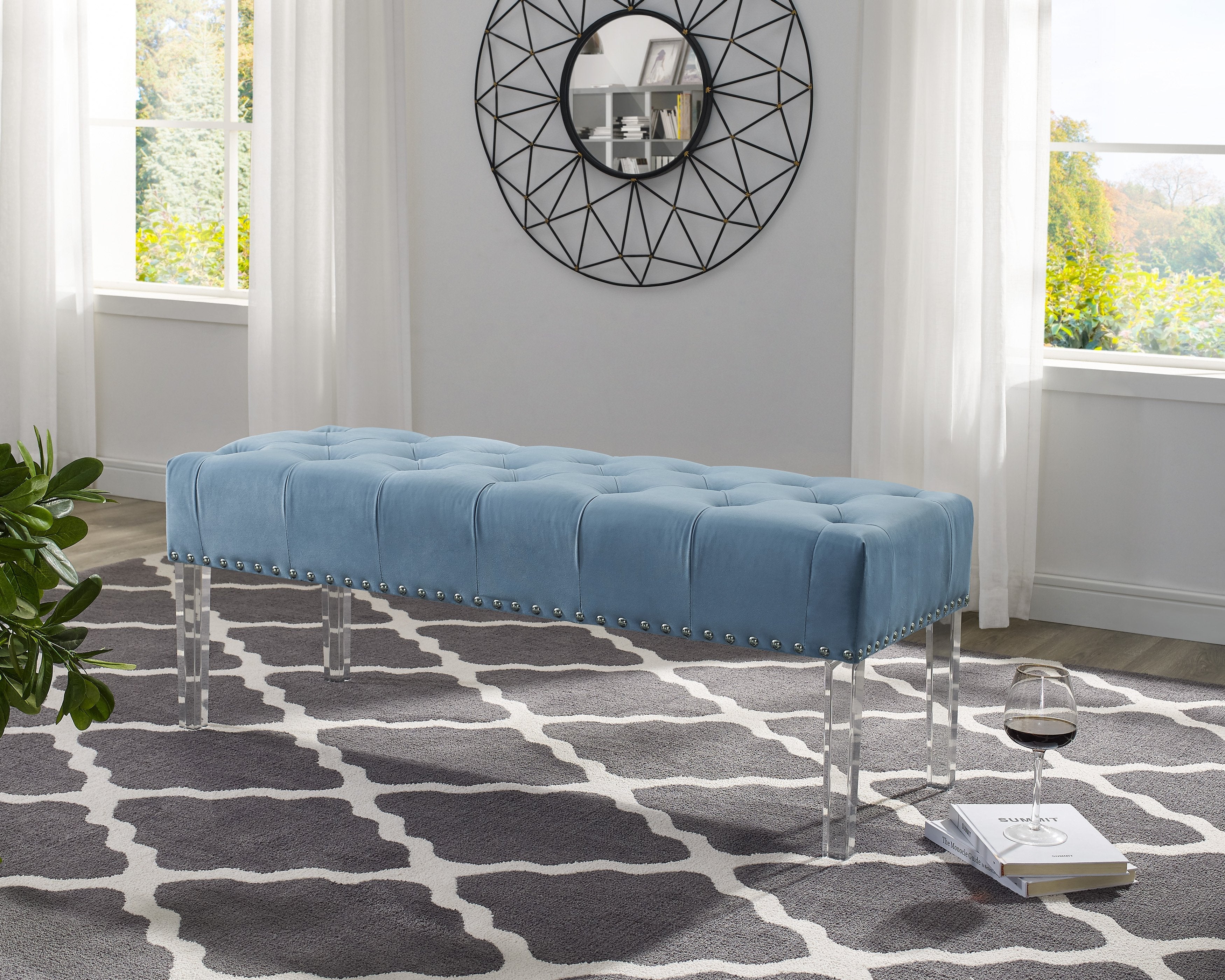 Roundhill Furniture Valley Button Tufted Velvet Upholstered Bench with Acrylic Legs - Luxurious Blue Velvet Seat for Bedroom, Living Room & Entryway Decor