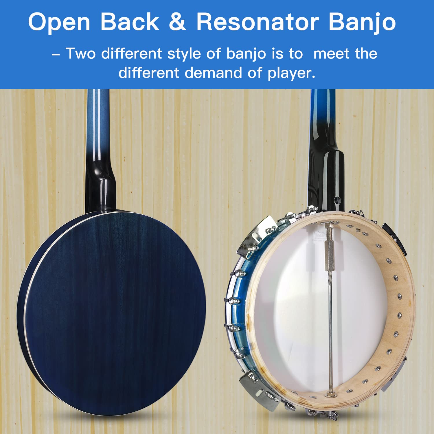 ADM 5 String Full Size Banjo Kit - 38 Inch Beginner Banjo with Resonator, Remo Drum Head & Free Accessories (Open/Closed Back) - Perfect for Adults & Teens Learning Bluegrass, Folk & Country Music - Blueburst Finish