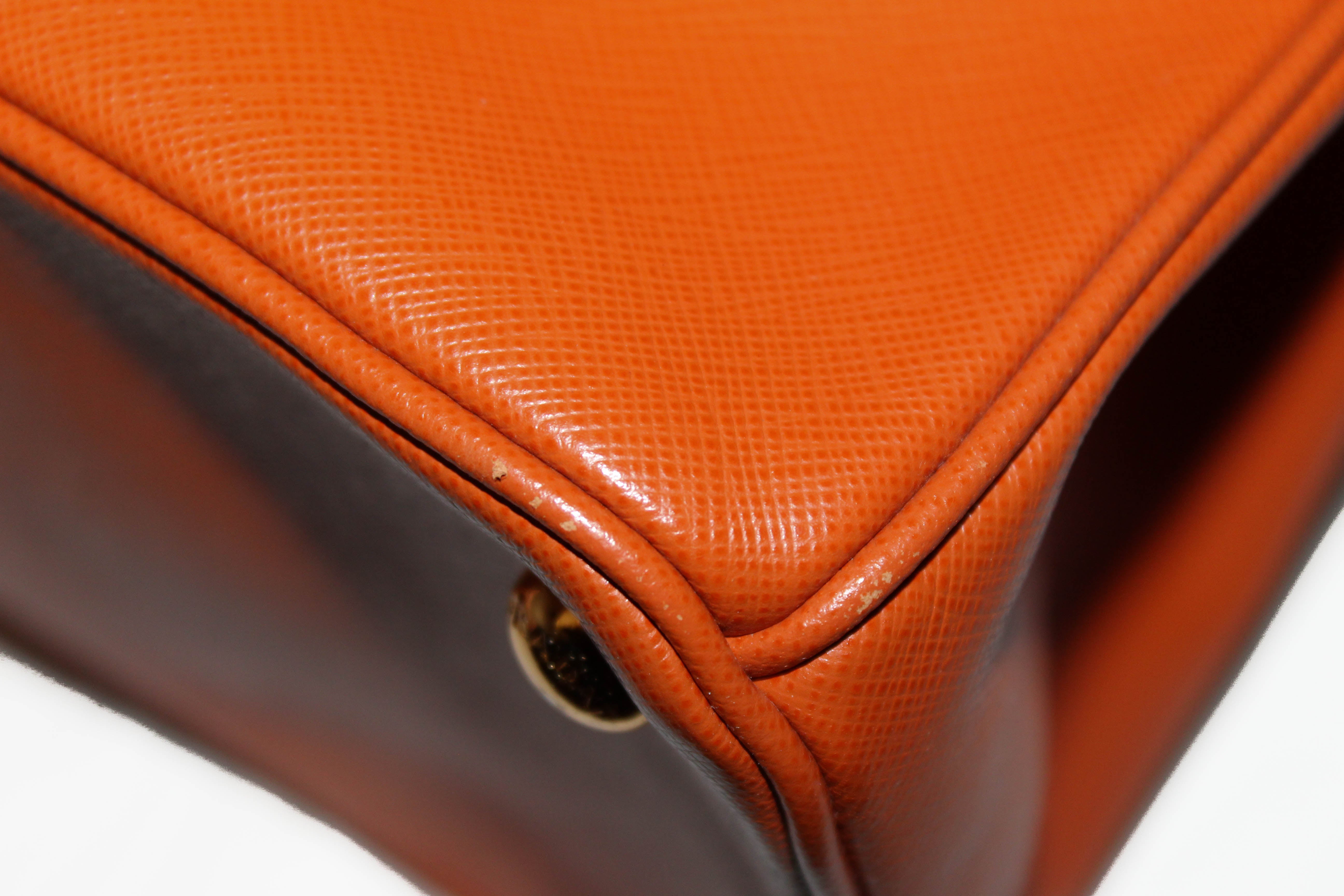 Authentic Prada Orange Saffiano Lux Leather Small Double Zip Tote Bag for Women | Luxury Designer Handbag for Work, Travel & Everyday Use