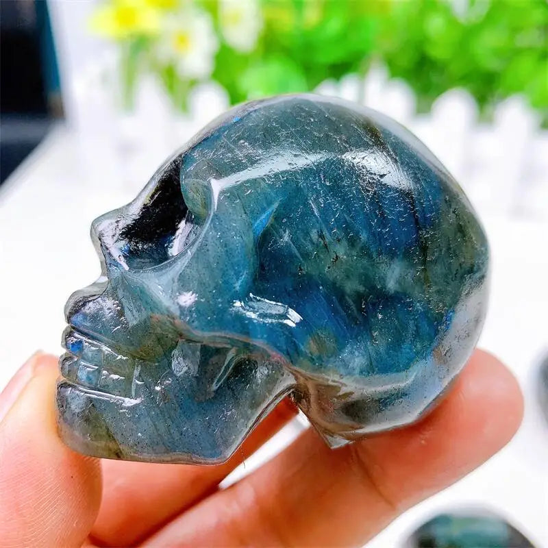 Hand Carved Natural Labradorite Crystal Skull Statue - Reiki Healing Stone, Heart & Eye Design - Perfect for Halloween Decor, Meditation & Spiritual Gifts (1 Piece)