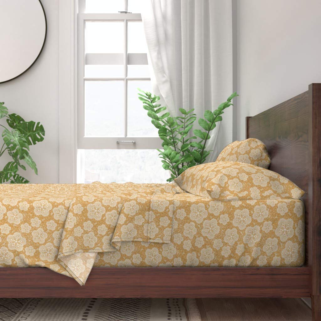 Premium 100% Cotton Twin Sheet Set - 3pc Yellow Floral Lace Design for Elegant Wedding & Spring Bedding | Soft & Breathable Custom Printed Sheets for Home Decor, Guest Room, or Bridal Shower Gift