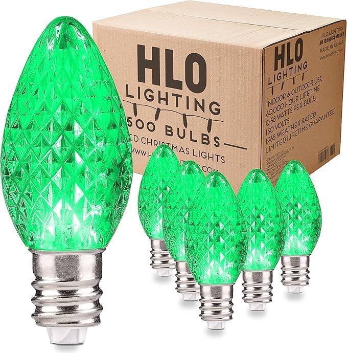 Green LED C7 Christmas Lights - Set of 25 Faceted Bulbs with 2 SMD LEDs for Indoor & Outdoor Holiday Decor | Energy-Efficient Warm White Lighting for Trees, Roofs, Windows & Holiday Displays