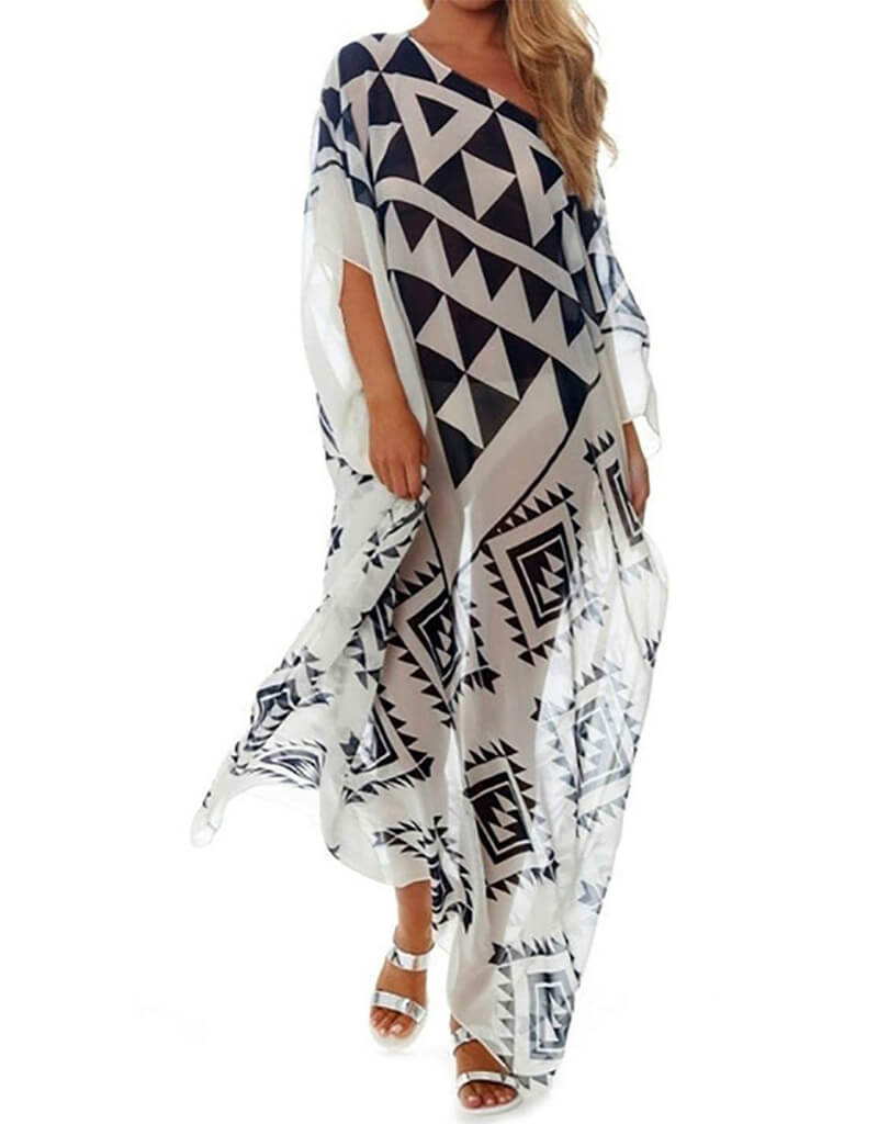 Elegant Black and White Georgette Kaftan Dress for Women - Boho Chic Beach Cover Up, Poolside Lounge & Summer Vacation Outfit