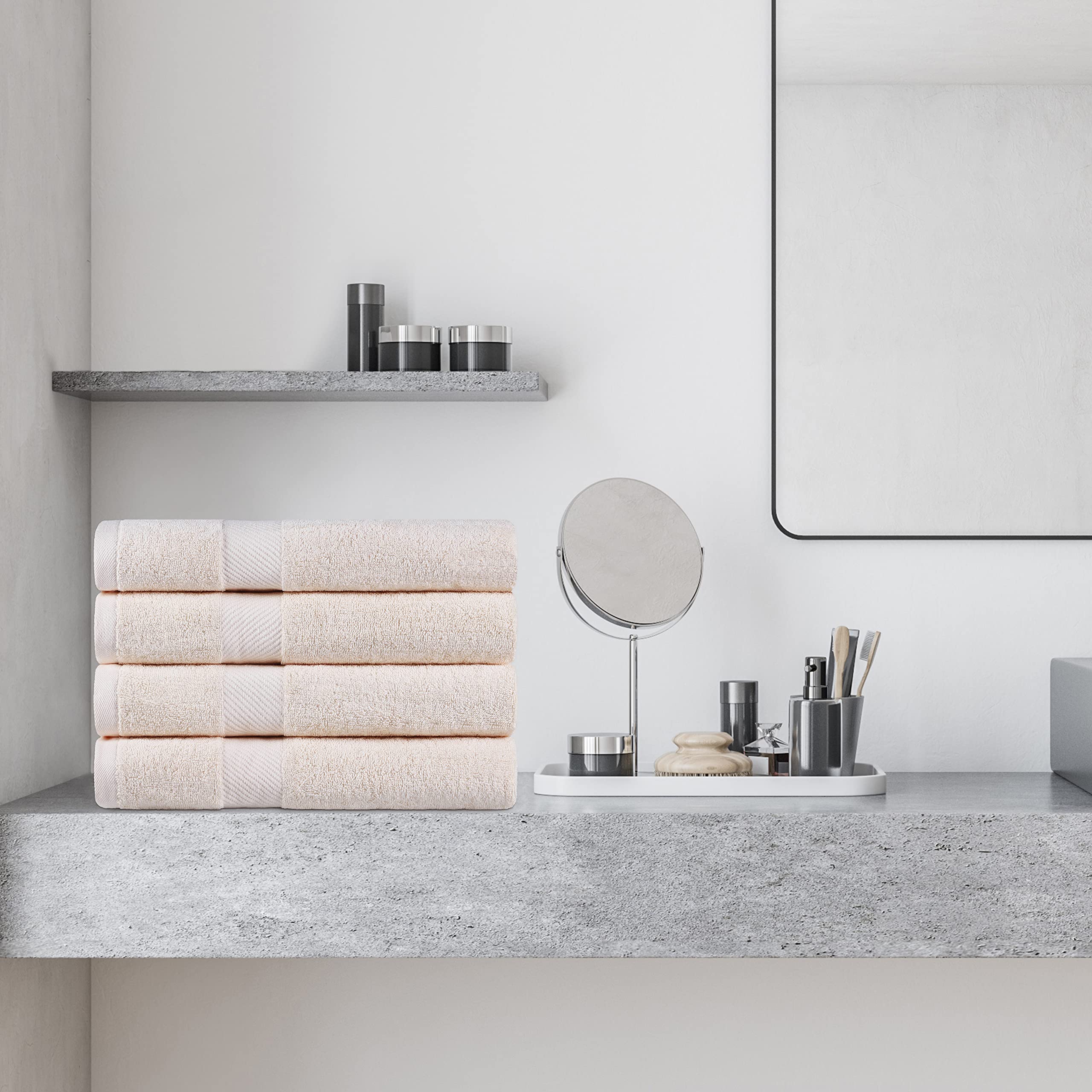 Luxury Egyptian Cotton Bath Towel Set of 4 - Ultra Absorbent Large Bath Towels for Shower & Spa - Classic Modern Dobby Border - Ivory | Perfect for Bathroom Essentials, Guest Towels & Spa Day at Home