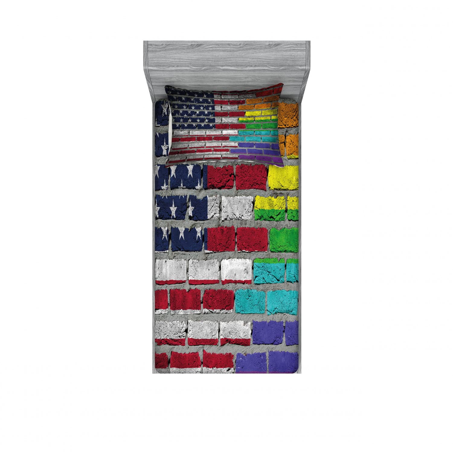 Ambesonne American Flag 2-Pack Twin Fitted Sheets & Pillow Sham Set - Patriotic Brick Wall Design, 4-Piece Bedding Decor (2 Fitted Sheets + 2 Pillow Covers) - Vibrant Multicolor for Kids Room, Dorm, or RV Bedding