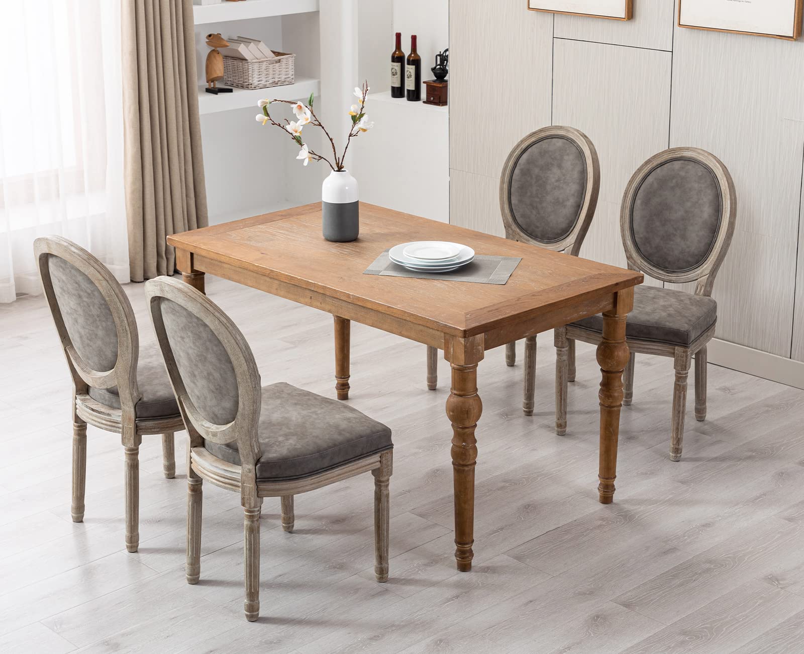 Kmax 4-Piece Grey PU Leather Dining Chairs Set - French Farmhouse Style Round Back Chairs for Kitchen, Living Room & Dining Room | Perfect for Home Decor, Entertaining Guests & Comfortable Seating