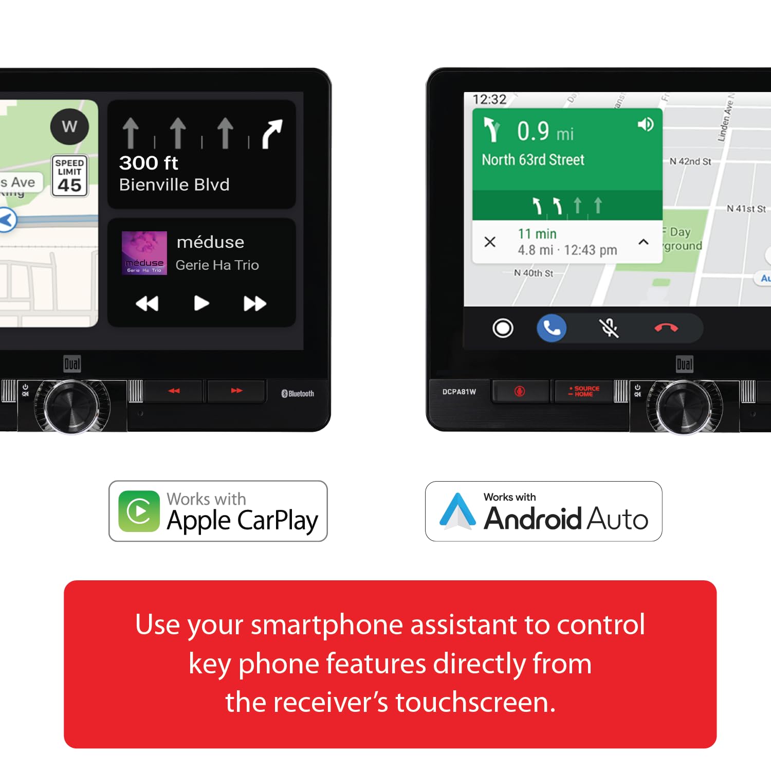 Dual Electronics DCPA81W 8-inch Apple CarPlay & Android Auto Touchscreen Car Stereo - Wireless/Wired Bluetooth Receiver with Front & Rear Camera | USB Playback & Charging | Single/Double DIN Compatible | Perfect for Commuting, Road Trips & Hands-Free Driving