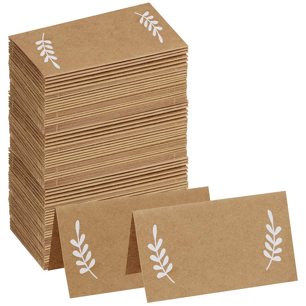Supla 100 Pcs Kraft Paper Place Cards with White Laurel Leaves - Rustic Wedding Table Name Tags, Number Cards & Buffet Seating Cards for Elegant Weddings, Dinner Parties & Special Events