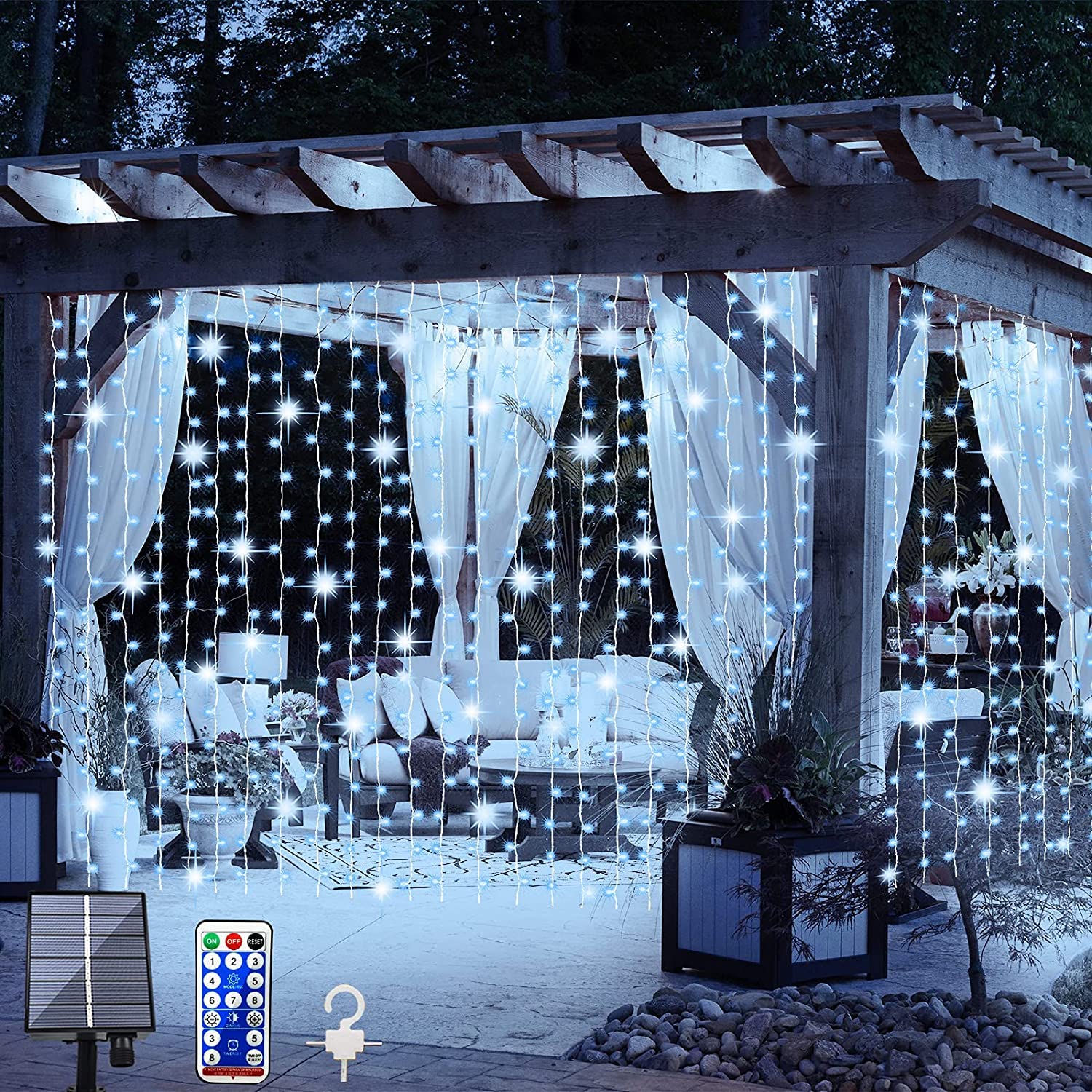 Upgraded 300 LED Solar Curtain Lights with Remote Control - 8 Modes Waterproof Outdoor Fairy String Lights for Garden, Patio, Wedding & Party Decor (Cool White) | Perfect for Backyard, Balcony, and Holiday Lighting