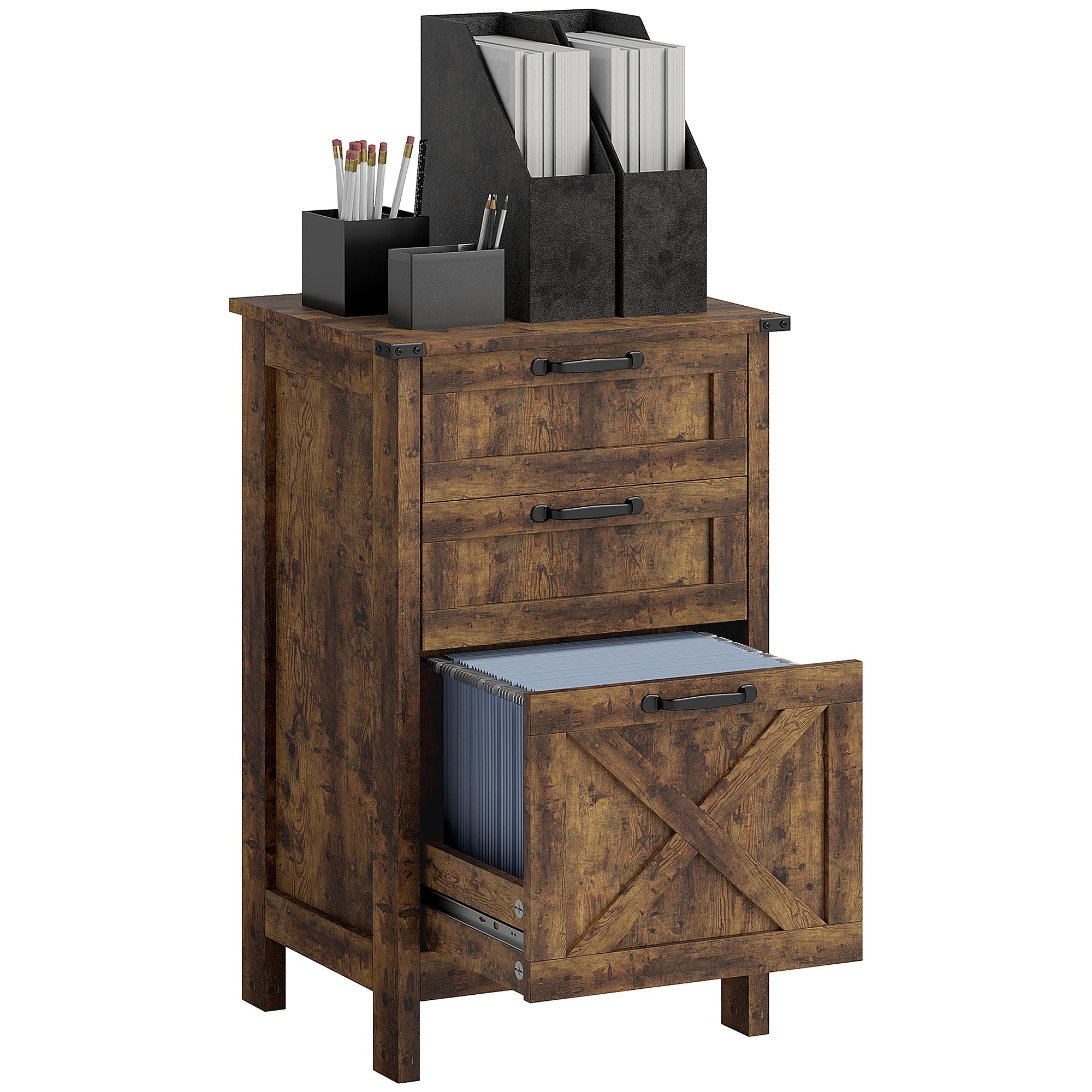 HOMCOM 3-Drawer Vertical File Cabinet with Silent Slides - Rustic Brown Farmhouse Office Storage for A4/Letter Documents, Printer Stand - Perfect for Home Office Organization & Workspace Storage Solutions
