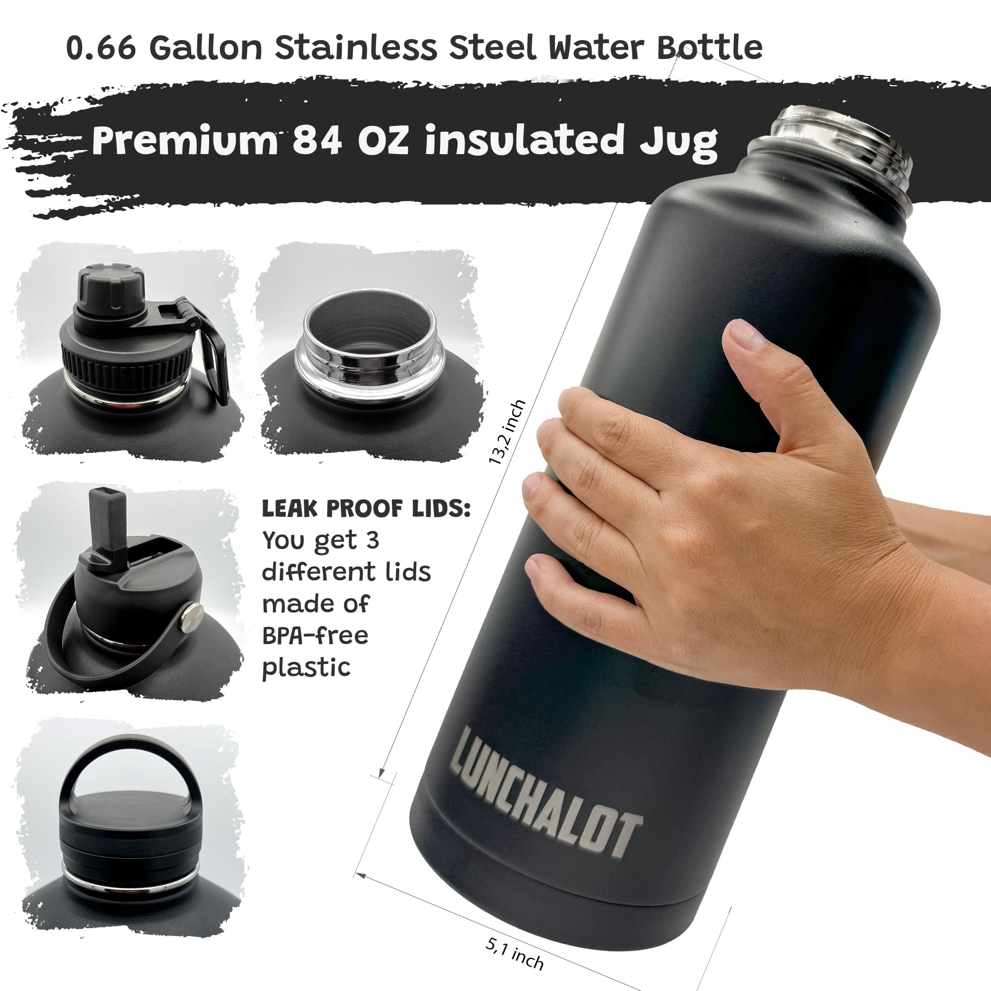 84oz Insulated Stainless Steel Water Bottle with Straw Lid & Carry Bag - Half Gallon Tactical Flask Keeps Drinks Cold/Hot 24H - Perfect for Gym, Hiking, Camping & Outdoor Activities