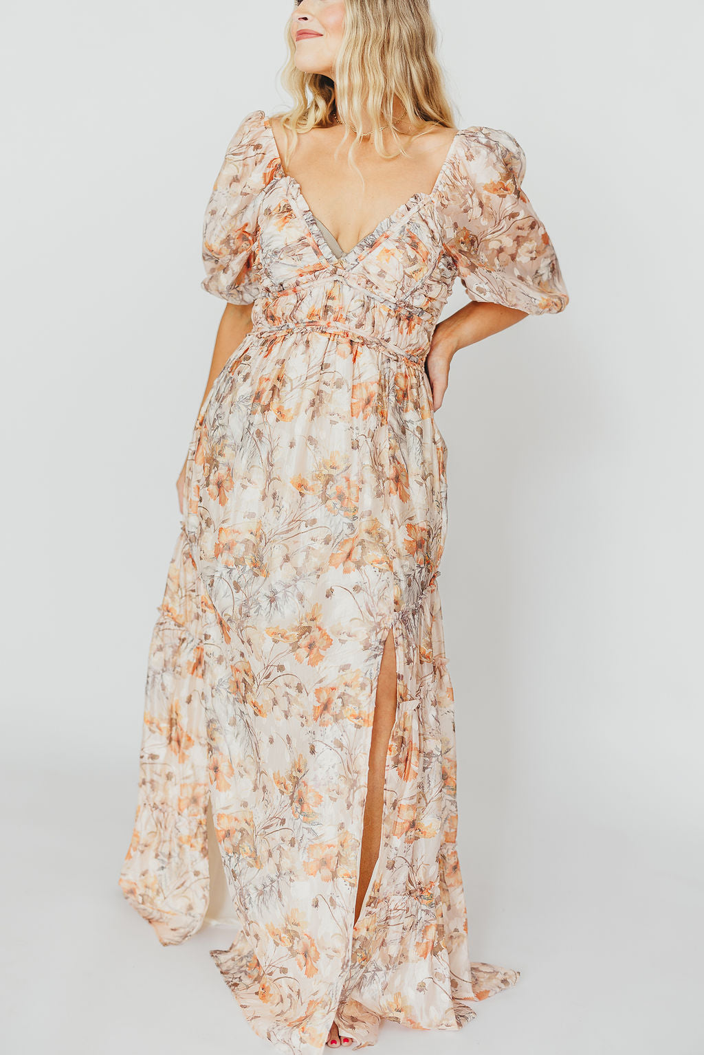 Bump Friendly Daphne Maxi Dress in Beige Multi - Inclusive Sizing S to 3XL for Maternity, Plus Size & Casual Wear