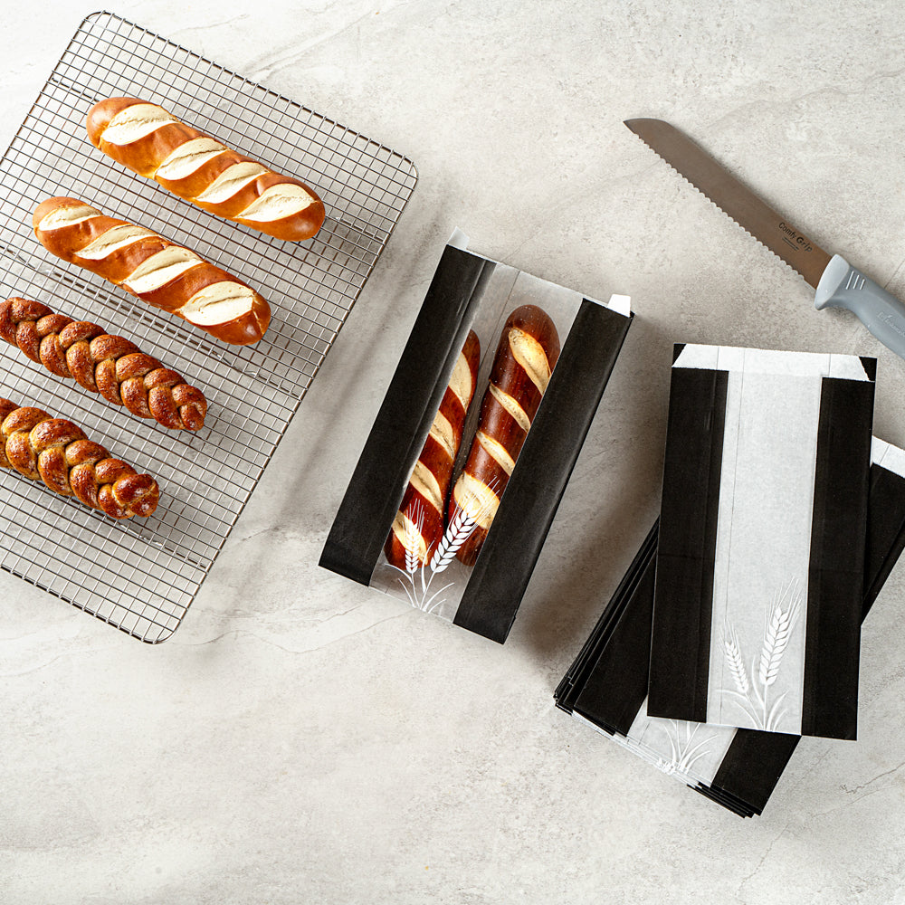 Black Paper Bread Bags - Micro Perforated, Greaseproof, Wheat Pattern (5.75