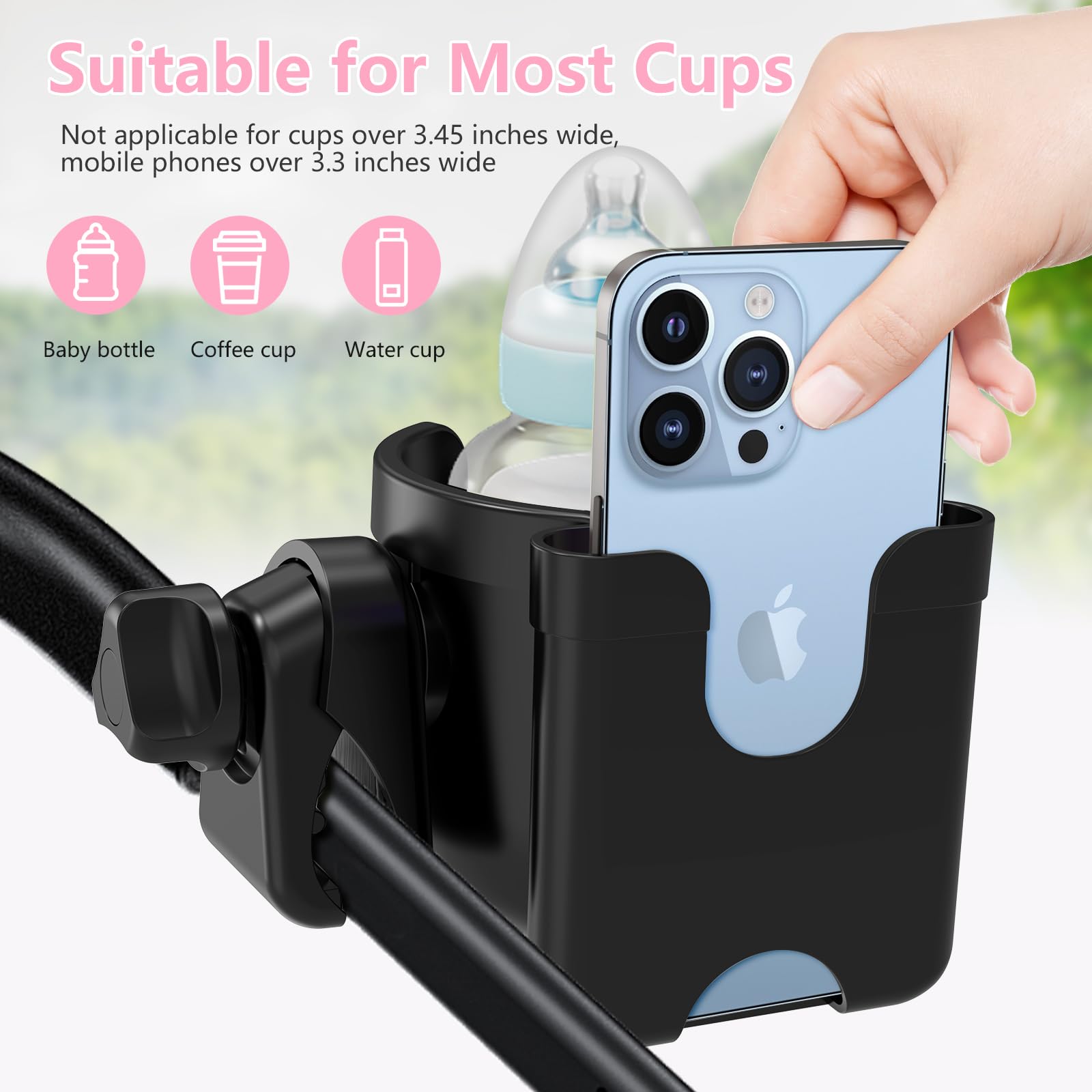 Universal Stroller Cup Holder with Phone Holder - 2-in-1 Adjustable Drink & Phone Mount for Uppababy, Nuna, Doona Strollers, Bikes, Wheelchairs & Walkers - Perfect for Parents, Cyclists & Seniors On-the-Go
