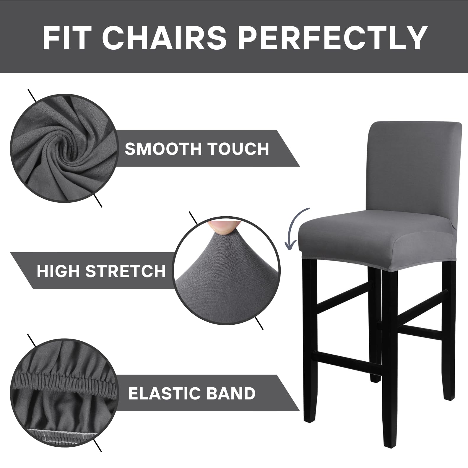 Stretch Washable Bar Stool Covers Set of 4 - Counter Height Seat Covers for Kitchen, Dining Room & Cafe - Pure Grey - Perfect for Home Decor & Restaurant Use