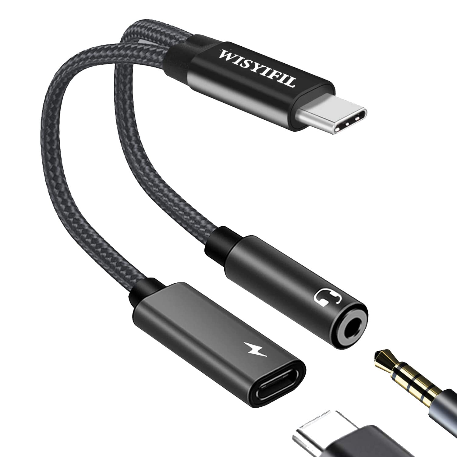 WISYIFIL 384KHZ/32bit Hi-Res Audio & 60W PD Charging USB-C Splitter Adapter, Type C to 3.5mm Headphone Jack & Fast Charger Dongle for Samsung Galaxy S21/S22/Note 20 - Black - Perfect for Music Streaming & Simultaneous Charging