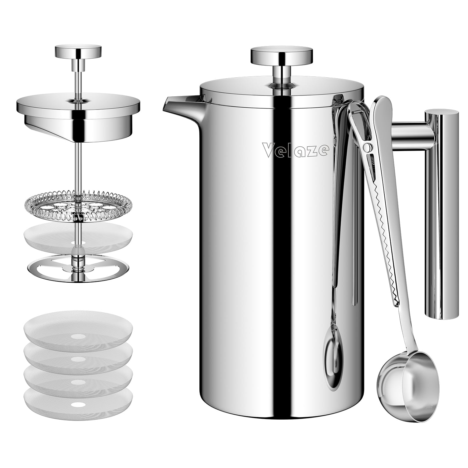 Velaze 34oz French Press Coffee Maker - Double Wall Insulated Stainless Steel Coffee Press (1L) with 4 Extra Filters & Coffee Spoon - Perfect for Home, Office & Camping Brewing - Silver