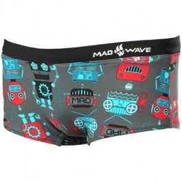 Mad Wave Boys Robot Print Swim Trunks - Red & Black for Kids Swimming, Beach, and Pool Fun