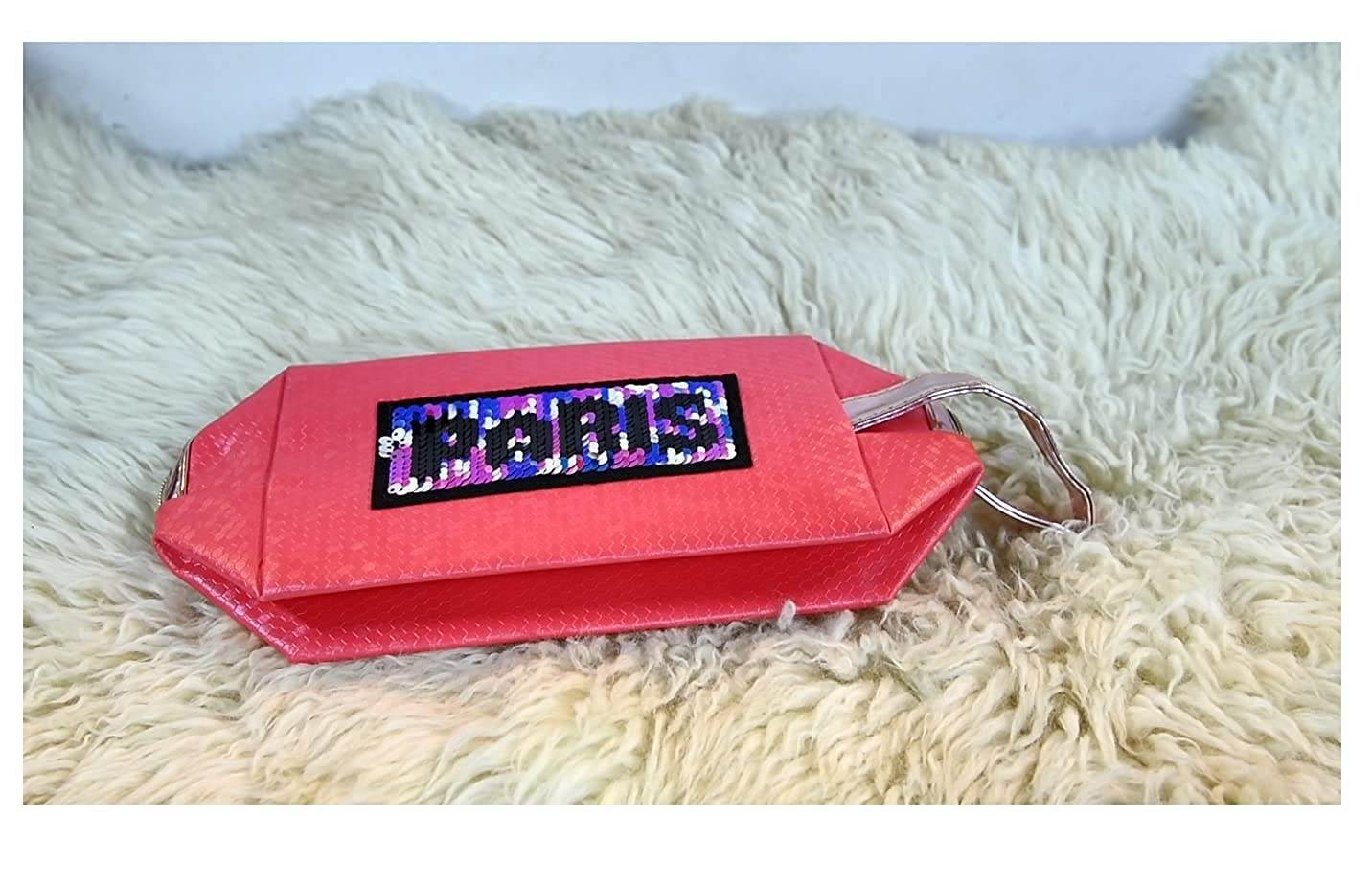 STRIPES® Essentials Waterproof PU Peach Makeup Pouch - Travel Toiletry Bag for Women & Girls with Colorful Sequins Paris Patch | Perfect for Cosmetics, Toiletries & Travel Accessories